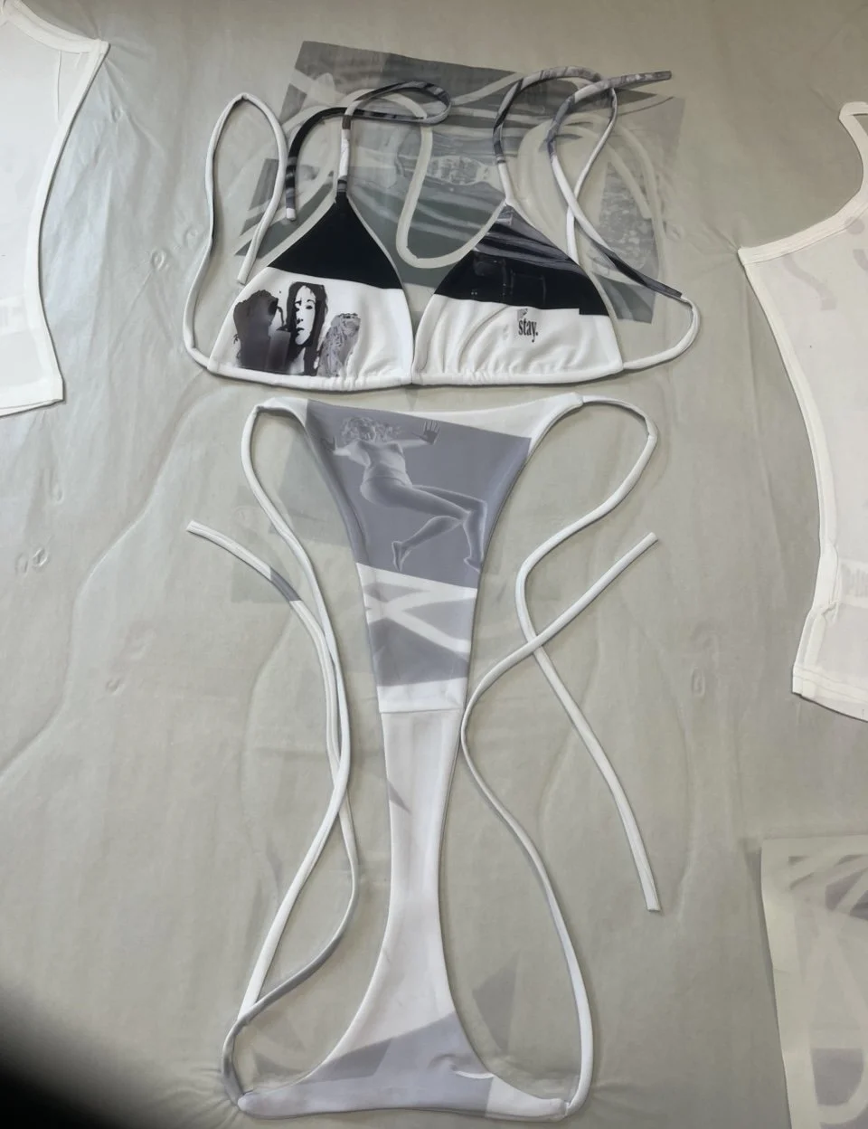 Artistic bikini set combining Japanese pop nostalgia and hypermodern 3D aesthetics.