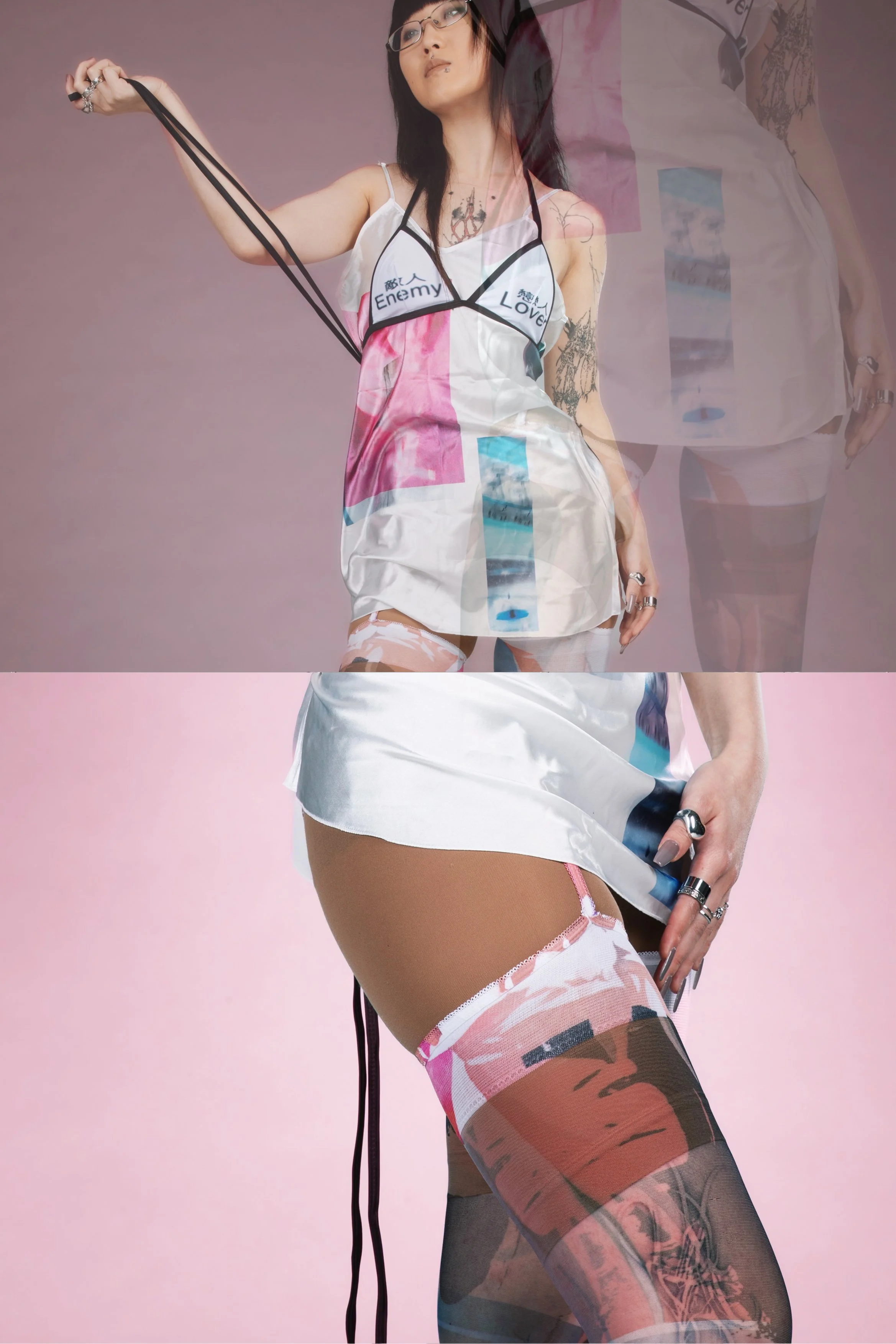 color collage print on lace lingerie