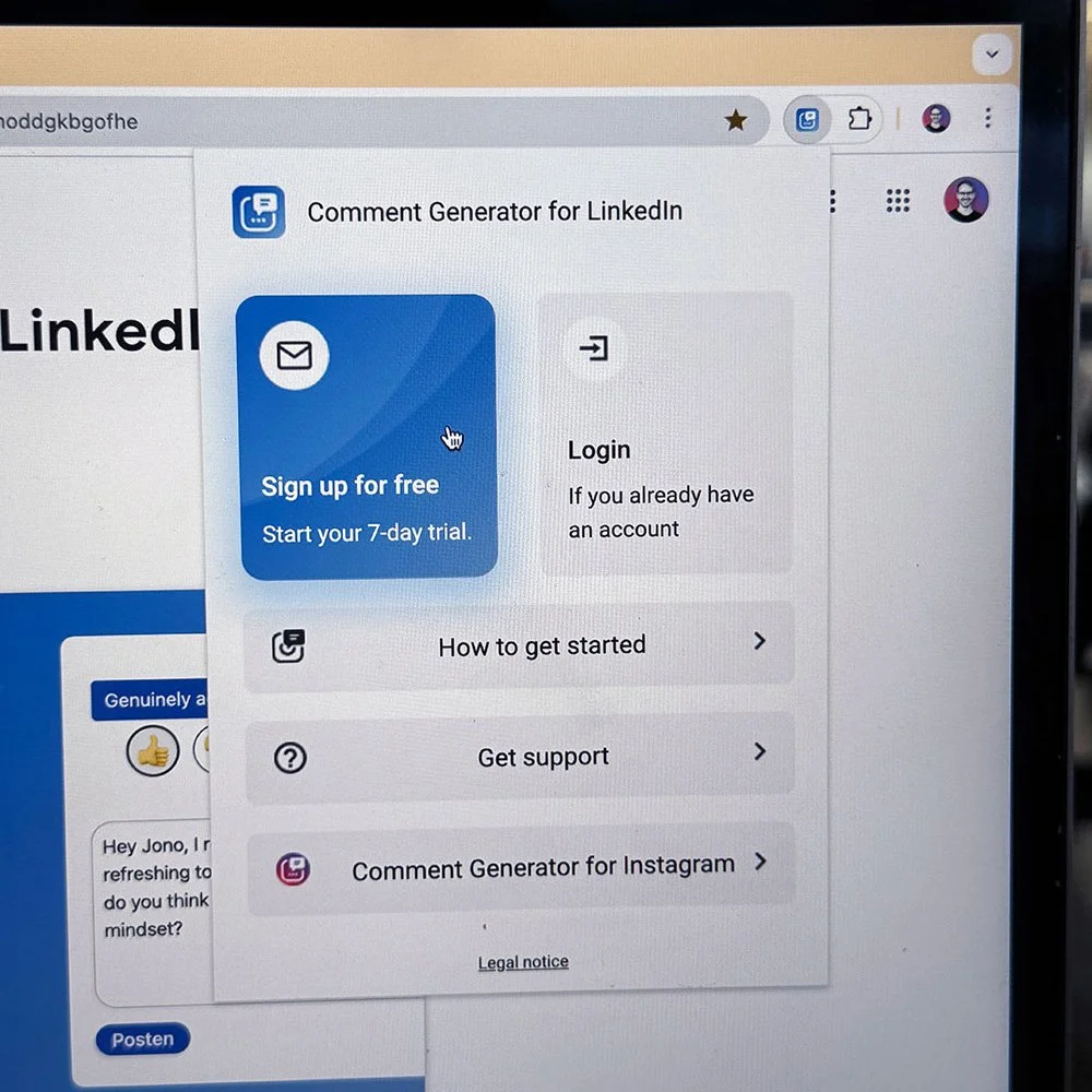 Screenshot of a browser window displaying a LinkedIn comment generator tool, with options to sign up, log in, get support, and navigate to other resources.