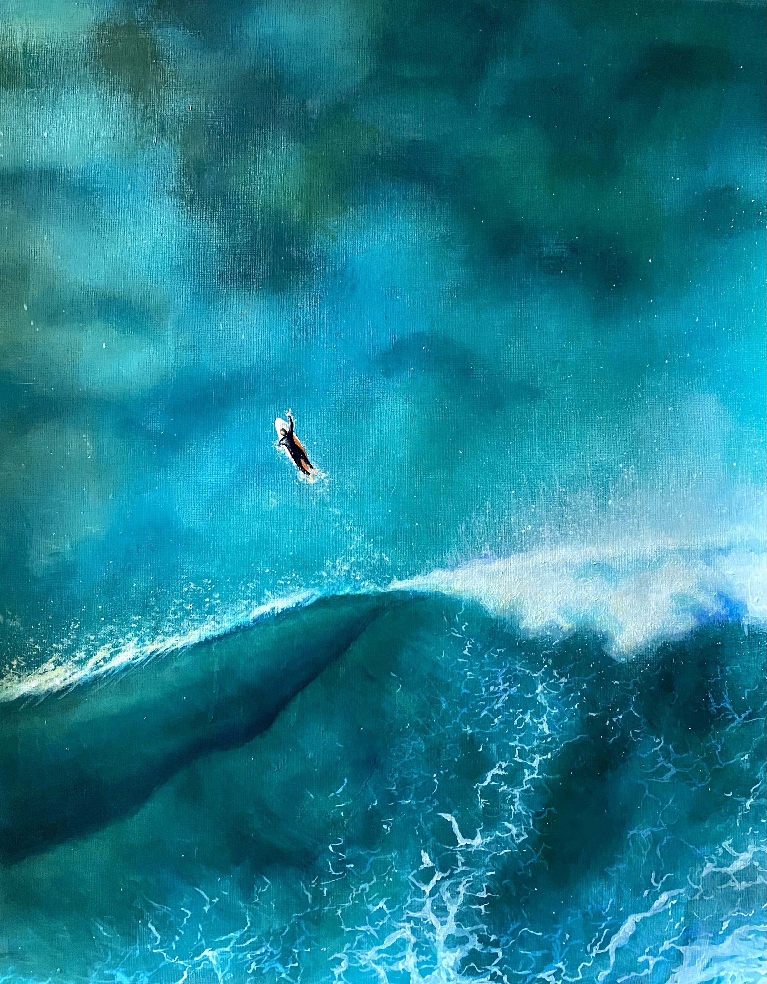 painting of a surfer in the sea in aerial view