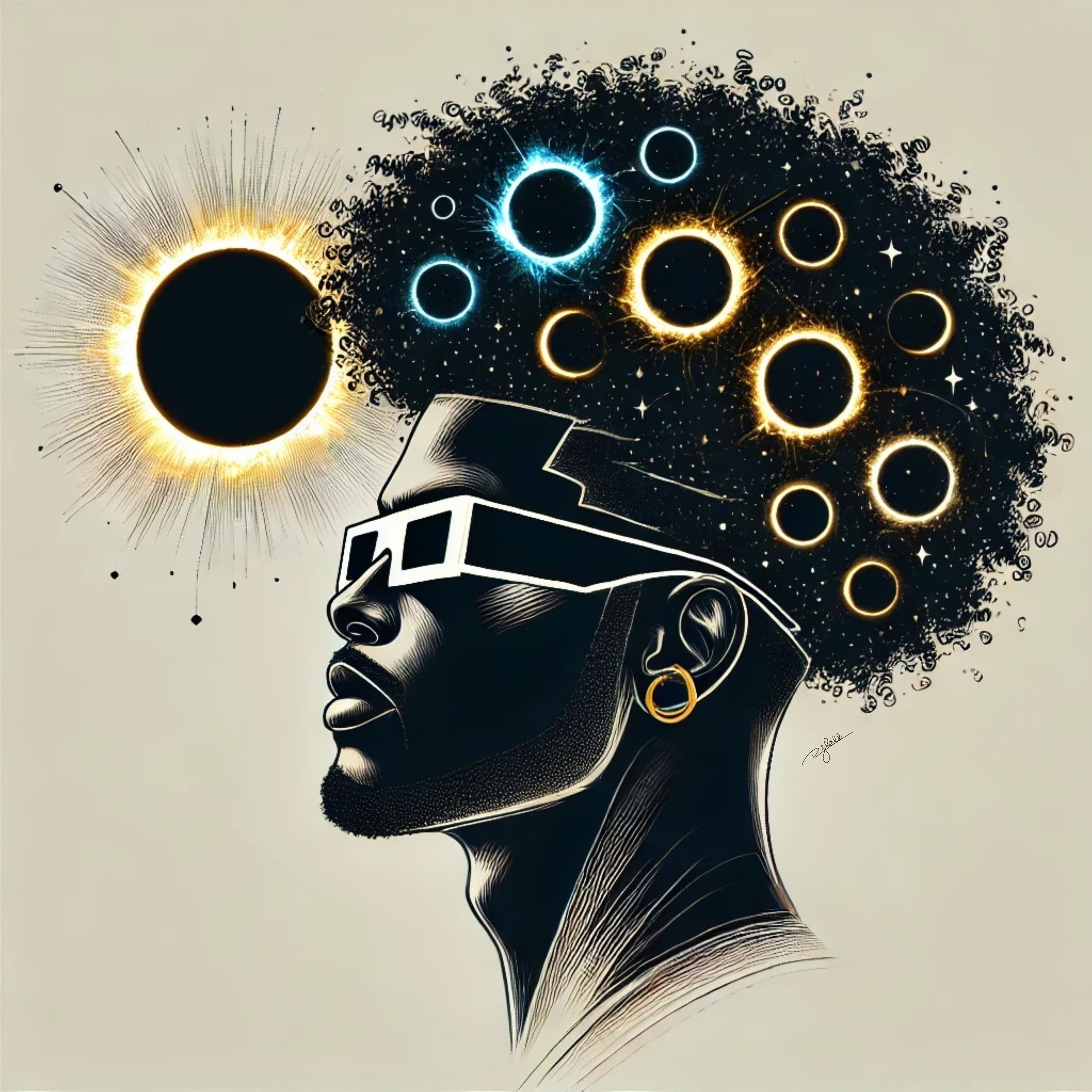 Title: Eclipse Curls
Description: Soft yet charged with energy, these curls orbit around the subject’s head like celestial bodies caught in gravitational balance. Solar and lunar elements fuse in this piece, showcasing the harmony of