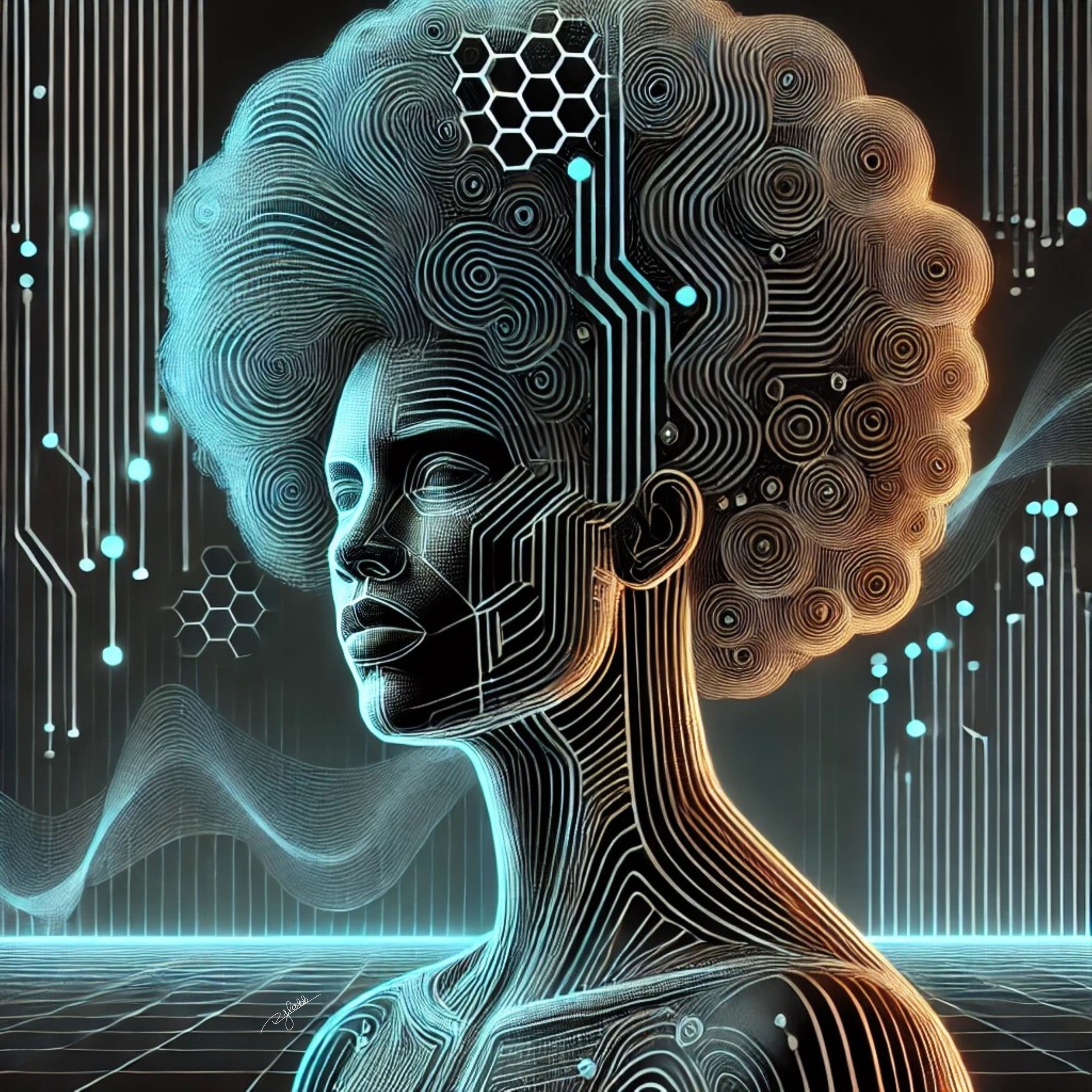 Title: Ethereal Pulse
Description: A soft yet commanding presence emanates from this futuristic afro, where strands hum with an invisible energy field. The glowing circuits beneath the curls suggest a mind deeply connected to both th