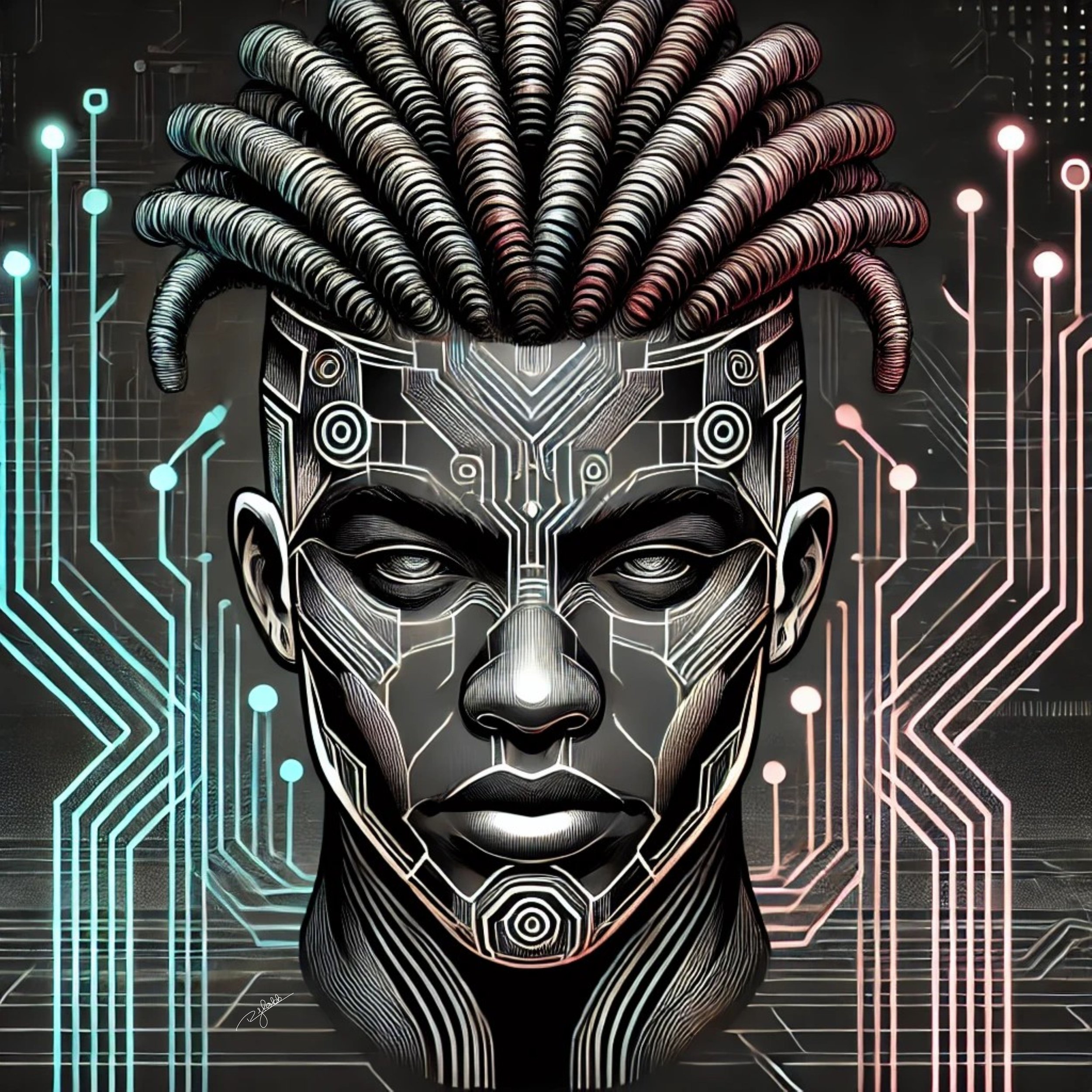 Title: Cyber Locs
Description: These bold, structured locs seem to grow directly from a digital mainframe, glowing with an electric pulse. The perfect symmetry of the style mirrors the precision of advanced technology, making it a st