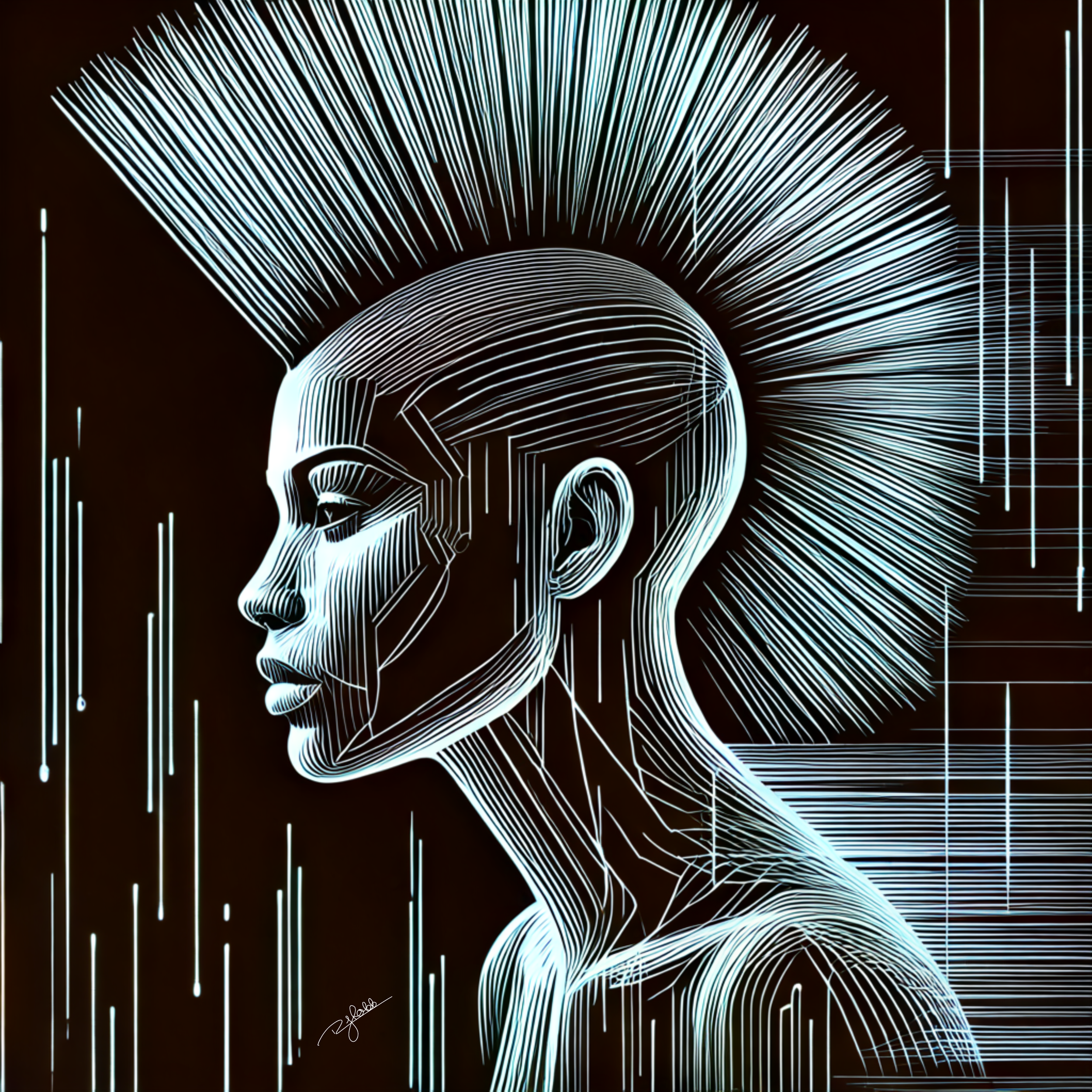 Title: Matrix Mohawk
Description: A digital glitch made manifest, Matrix Mohawk breaks the boundaries between reality and simulation. Neon threads pulse through its structure, shifting between dimensions with an unpredictable brillia