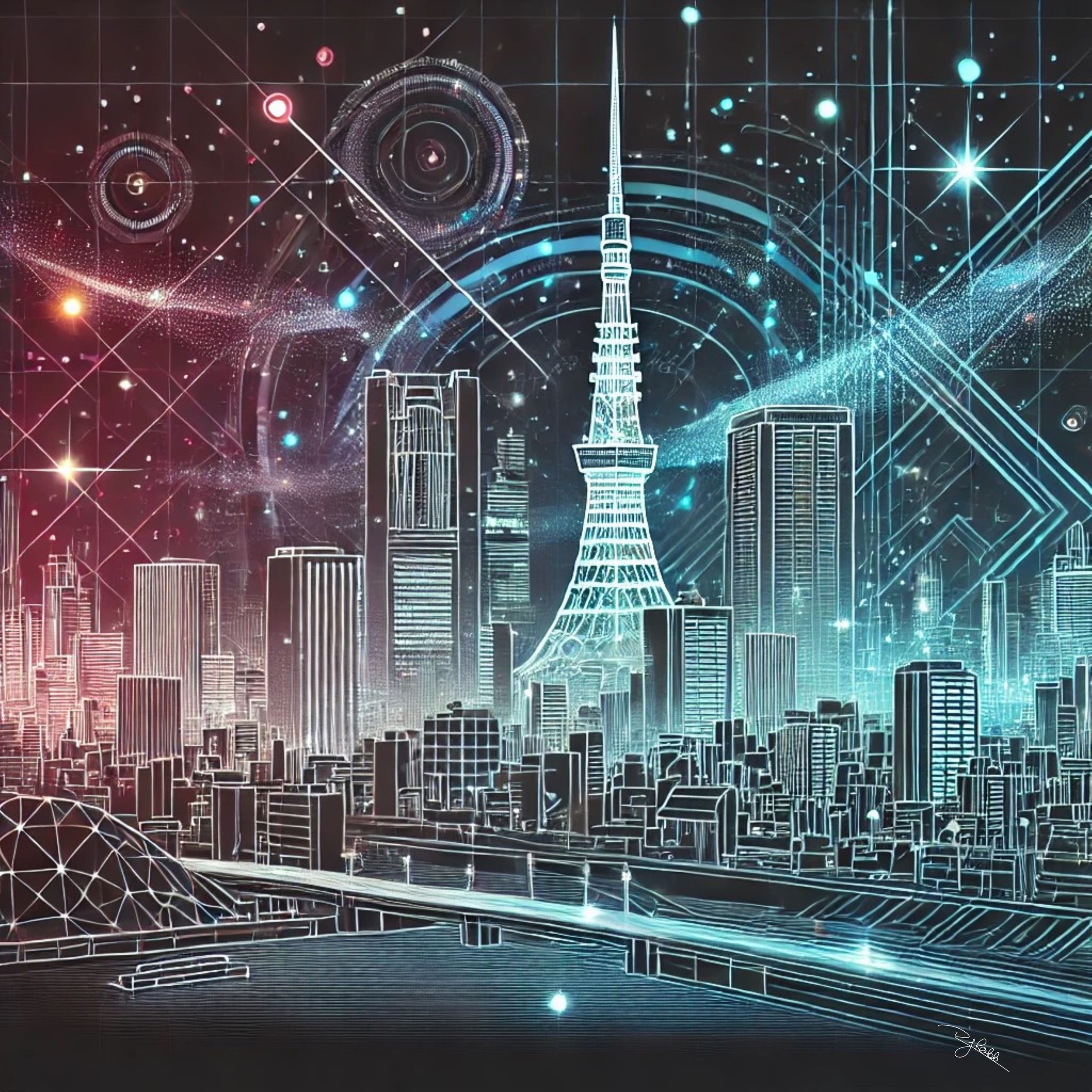 Title: Starlit Tokyo
Description: Tokyo’s skyline glows beneath a cosmic haze, where neon pulses like constellations reborn. The towering skyscrapers are adorned with holographic reflections, seamlessly blending the city's electric he