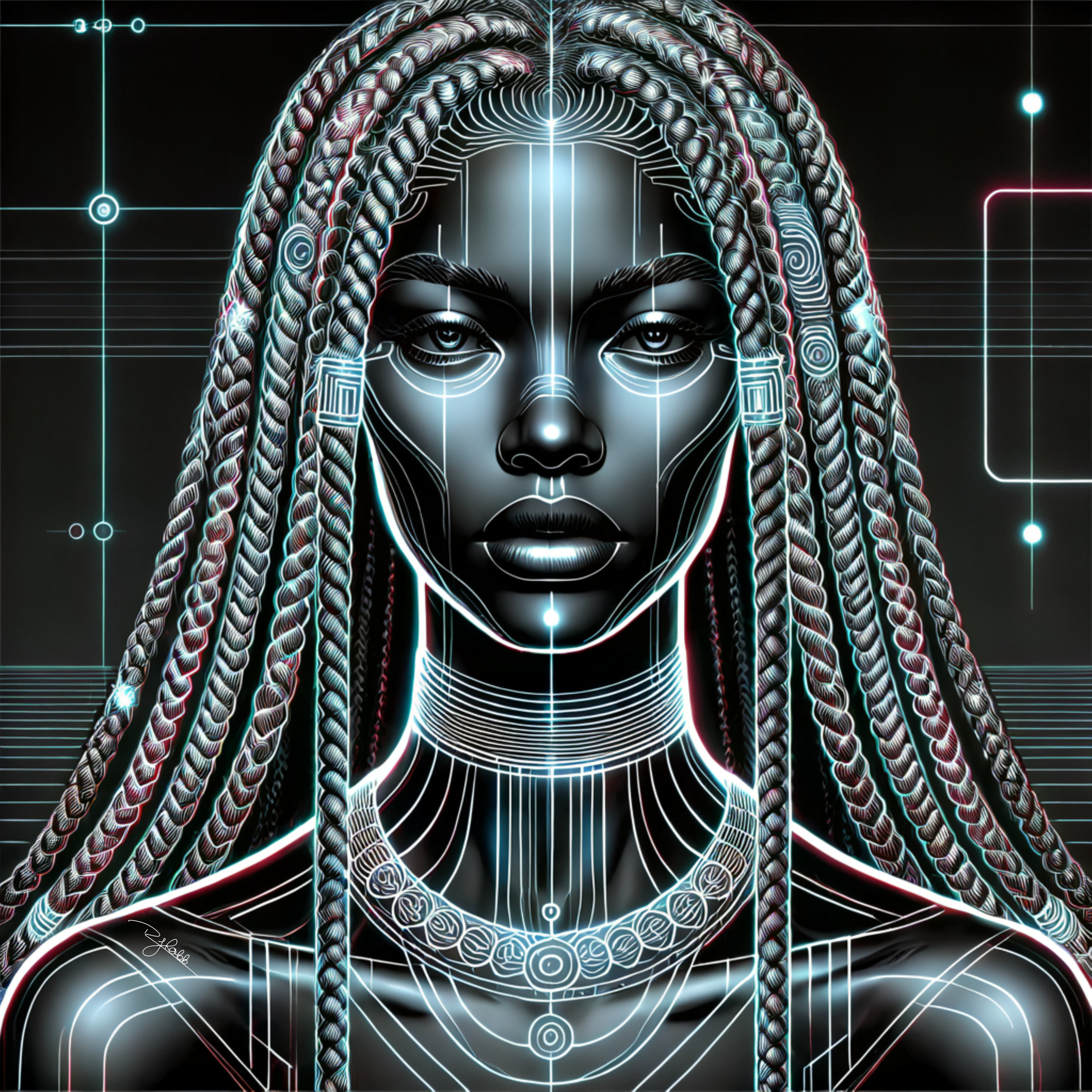 Title: Cyber Braids
Description: Dripping with electric currents, Cyber Braids weave through dimensions like the neural pathways of the universe. Their intricate structure glows with an internal pulse, an undying signal of heritage a