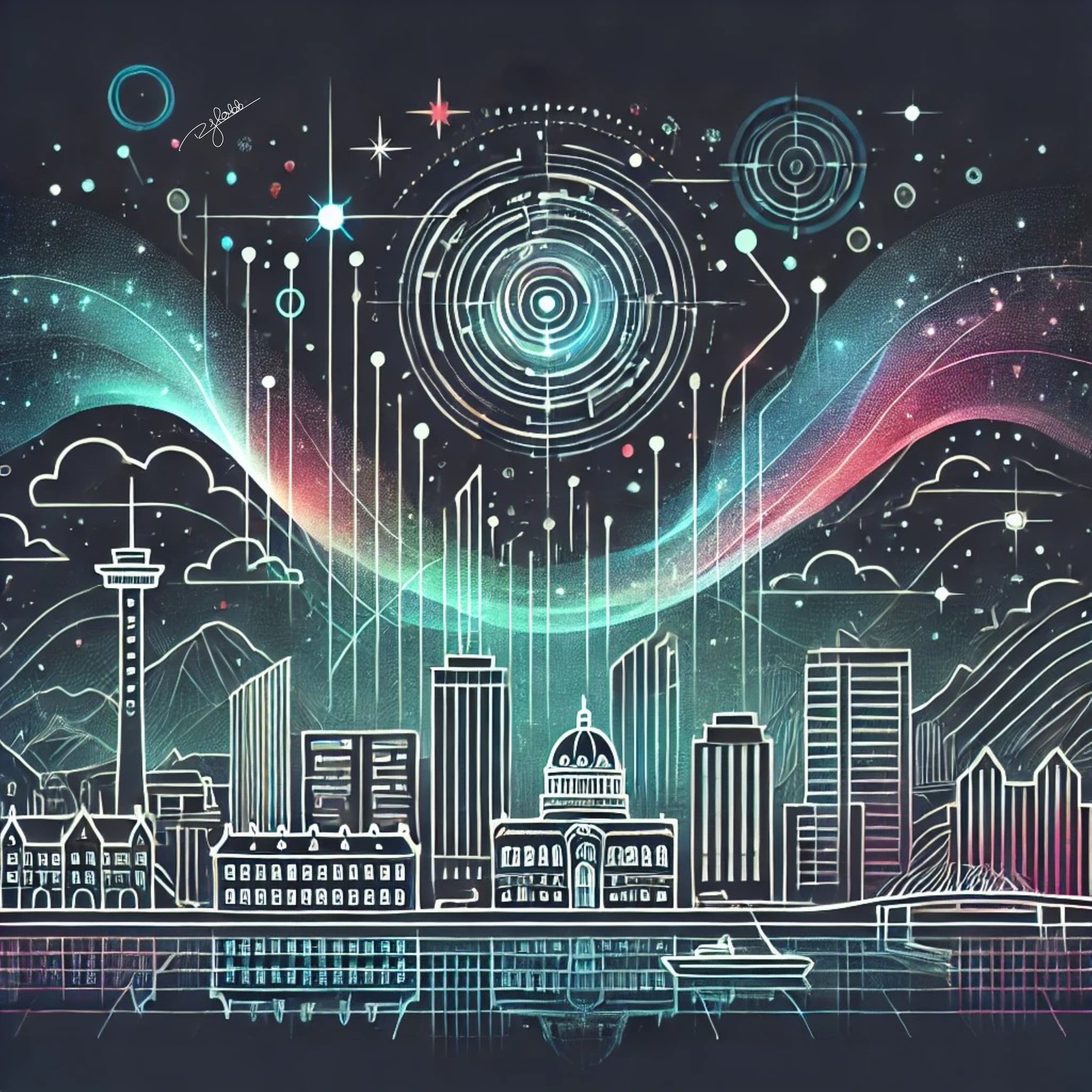Title: Northern Lights Oslo
Description: Oslo’s skyline glows beneath the cosmic waves of the Northern Lights, its cityscape a perfect harmony of nature and technology. The fjords ripple with electric hues, their reflections illuminat
