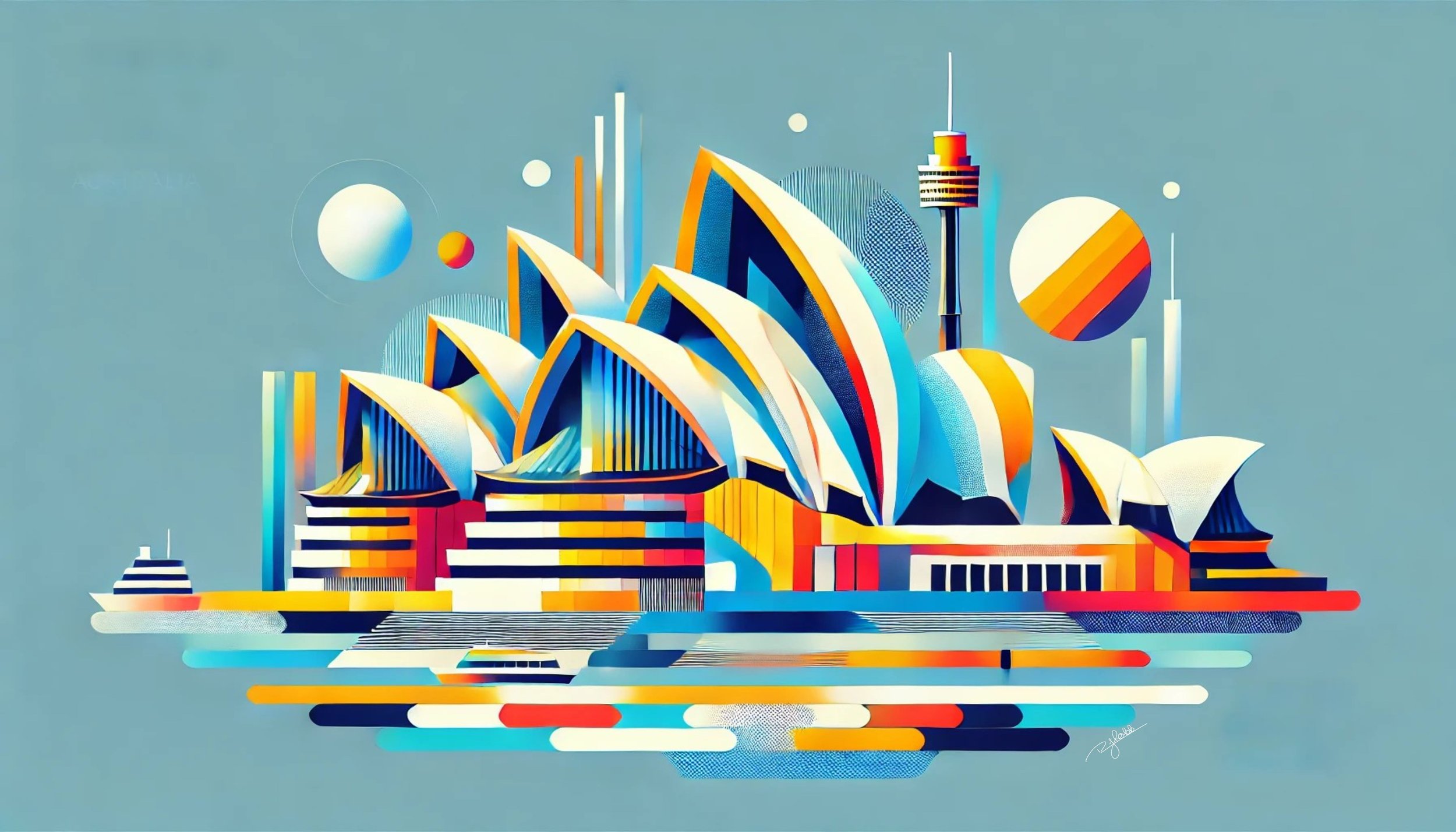 Title: Sydney Spectrum
Description: The unmistakable sails of the Sydney Opera House take on a mesmerizing geometric transformation in Sydney Spectrum. Bathed in luminous blues, fiery oranges, and electric purples, this piece captures