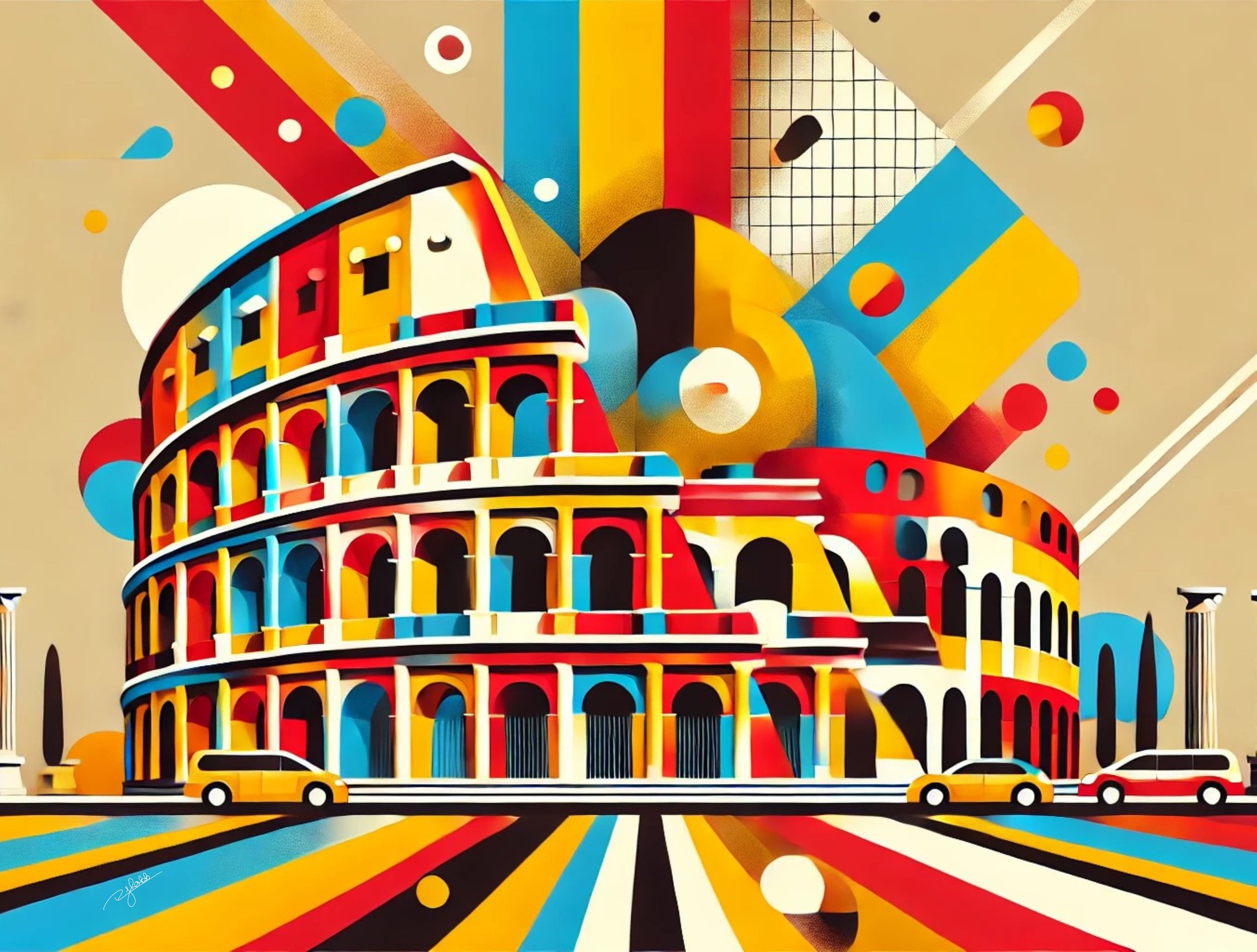 Title: Colosseum Kaleidoscope
Description: Rome’s legendary amphitheatre gets a vivid technicolour makeover in Colosseum Kaleidoscope. The ancient arches and grand façade explode into a symphony of rich, golden hues and deep, electric