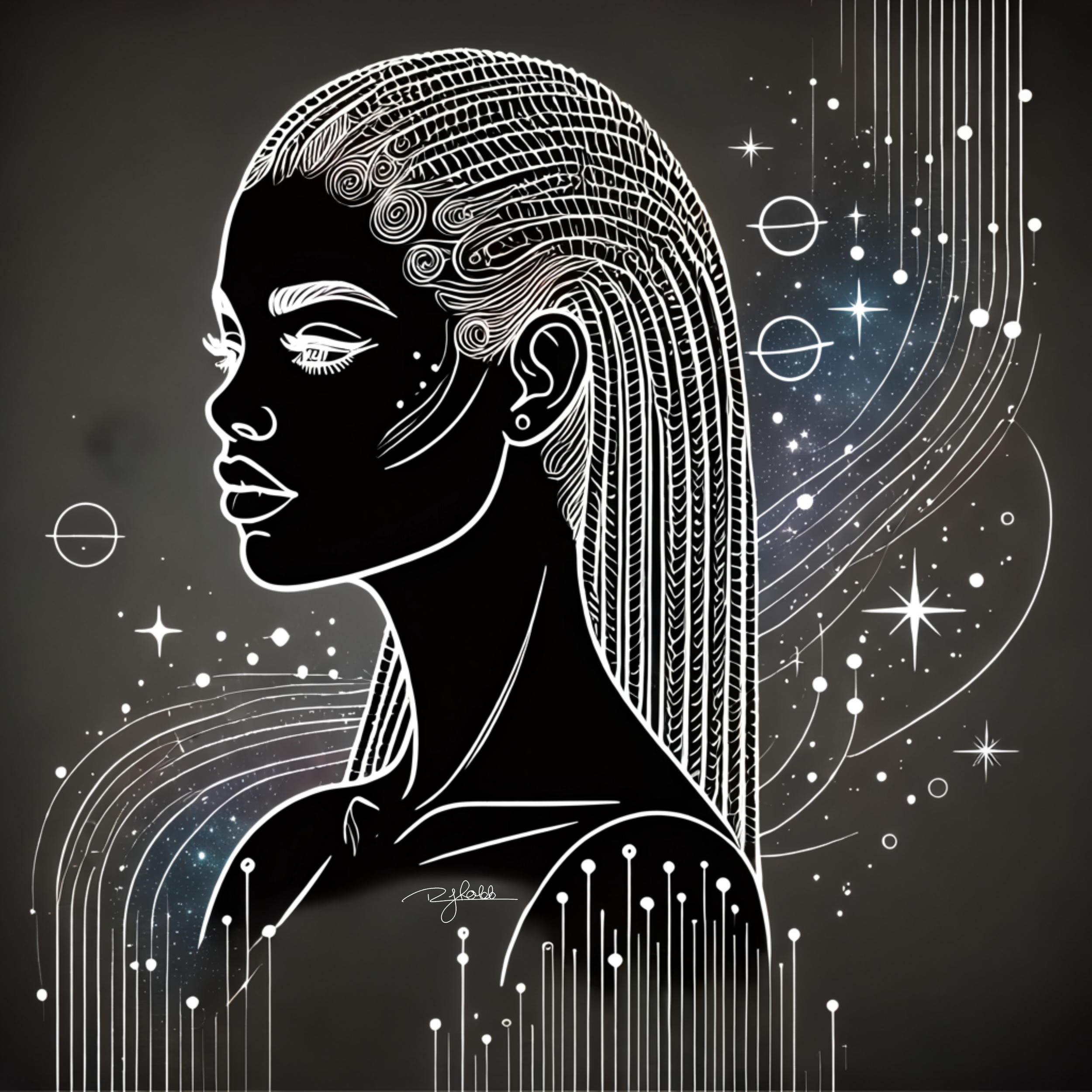 Title: Cosmic Cornrows
Description: Intricately mapped and glowing with interstellar energy, Cosmic Cornrows are the circuitry of a divine motherboard. Their perfect symmetry aligns with the constellations, forming a design that spea