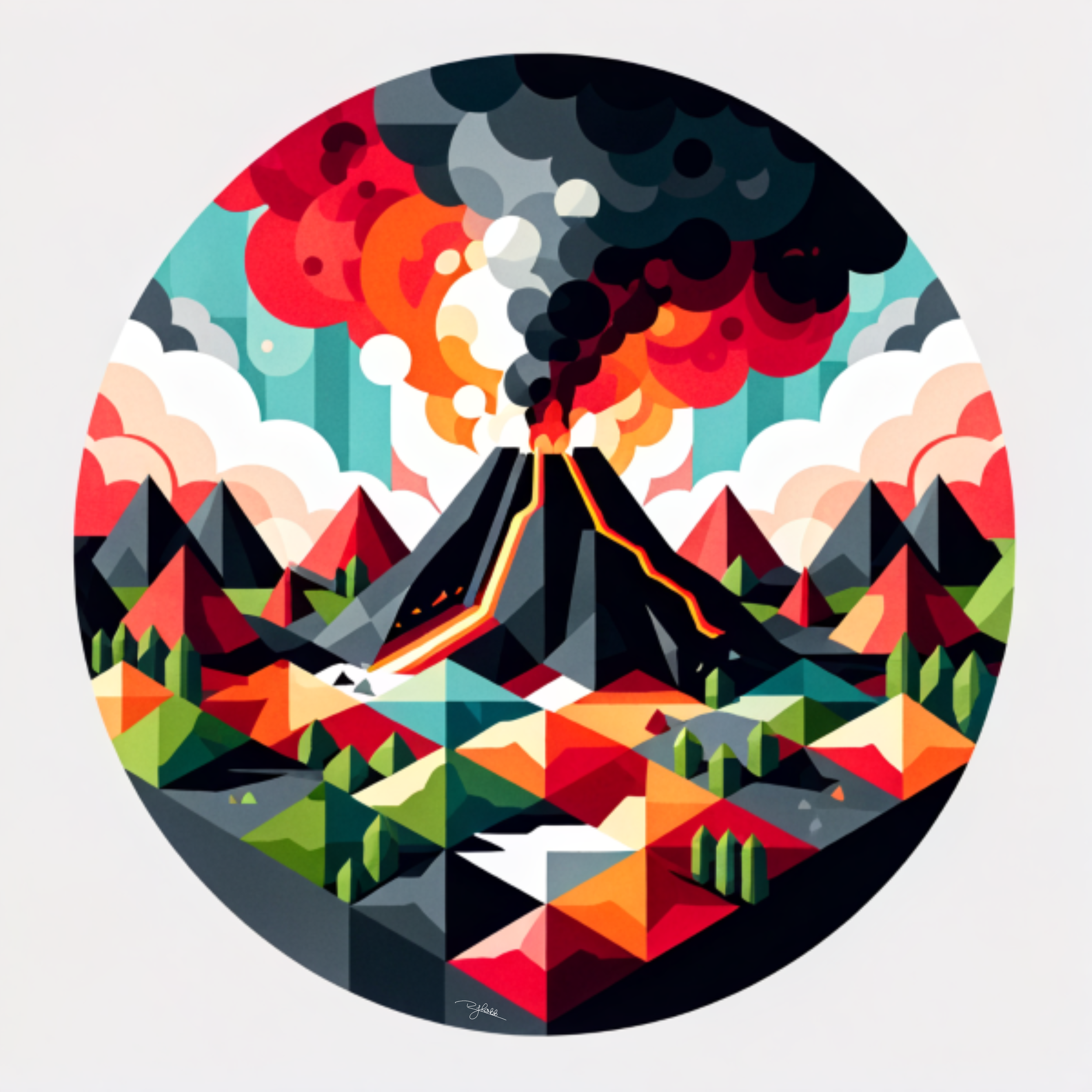 Title: Volcanic Vision
Description: Molten rivers of fire carve jagged paths through the land, glowing with an intense energy that hums beneath the Earth’s surface. Billowing plumes of ash spiral into the sky, forming bold patterns of