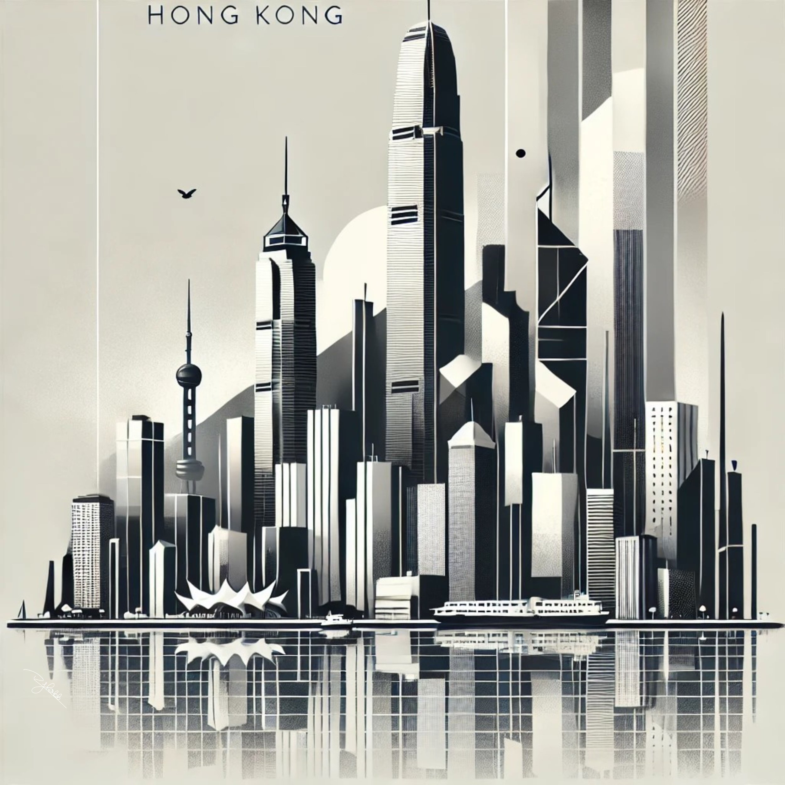 Title: Hong Kong Harmony
Description: A vertical masterpiece, Hong Kong Harmony captures the dense, electric cityscape in a meticulous grayscale study. The sharp rise of its skyscrapers meets the flowing contours of Victoria Harbour,