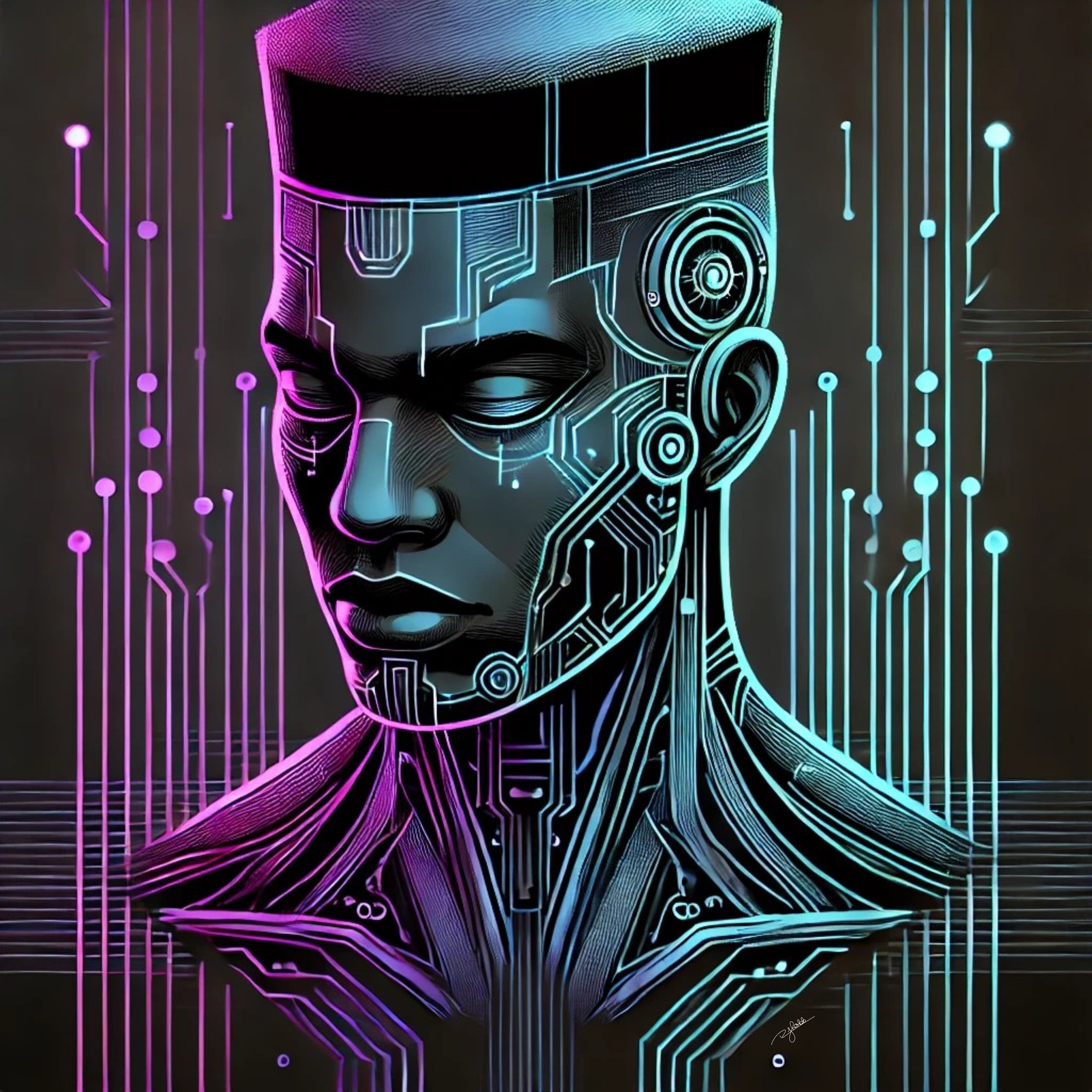 Title: Neural Nexus
Description: A sculpted high-top fade infused with neon circuitry, this hairstyle mirrors the intricate pathways of a neural network. The electric-blue highlights pulse with an otherworldly energy, evoking a hyper