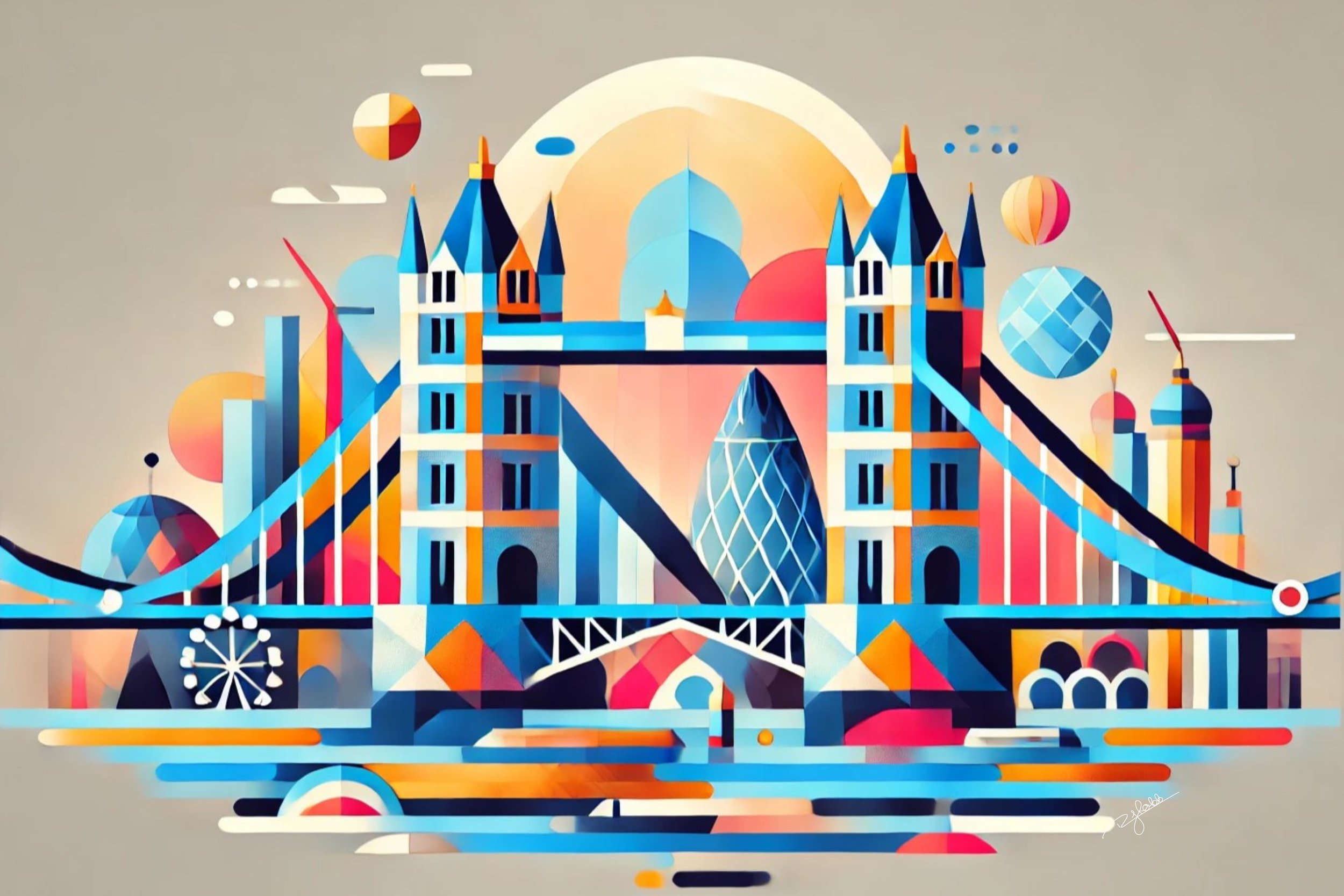 Title: Tower Bridge Tones
Description: A bold, prismatic take on one of London’s most iconic landmarks, Tower Bridge Tones blends historical elegance with modern vibrancy. The bold contrast of fiery oranges, deep blues, and shimmering