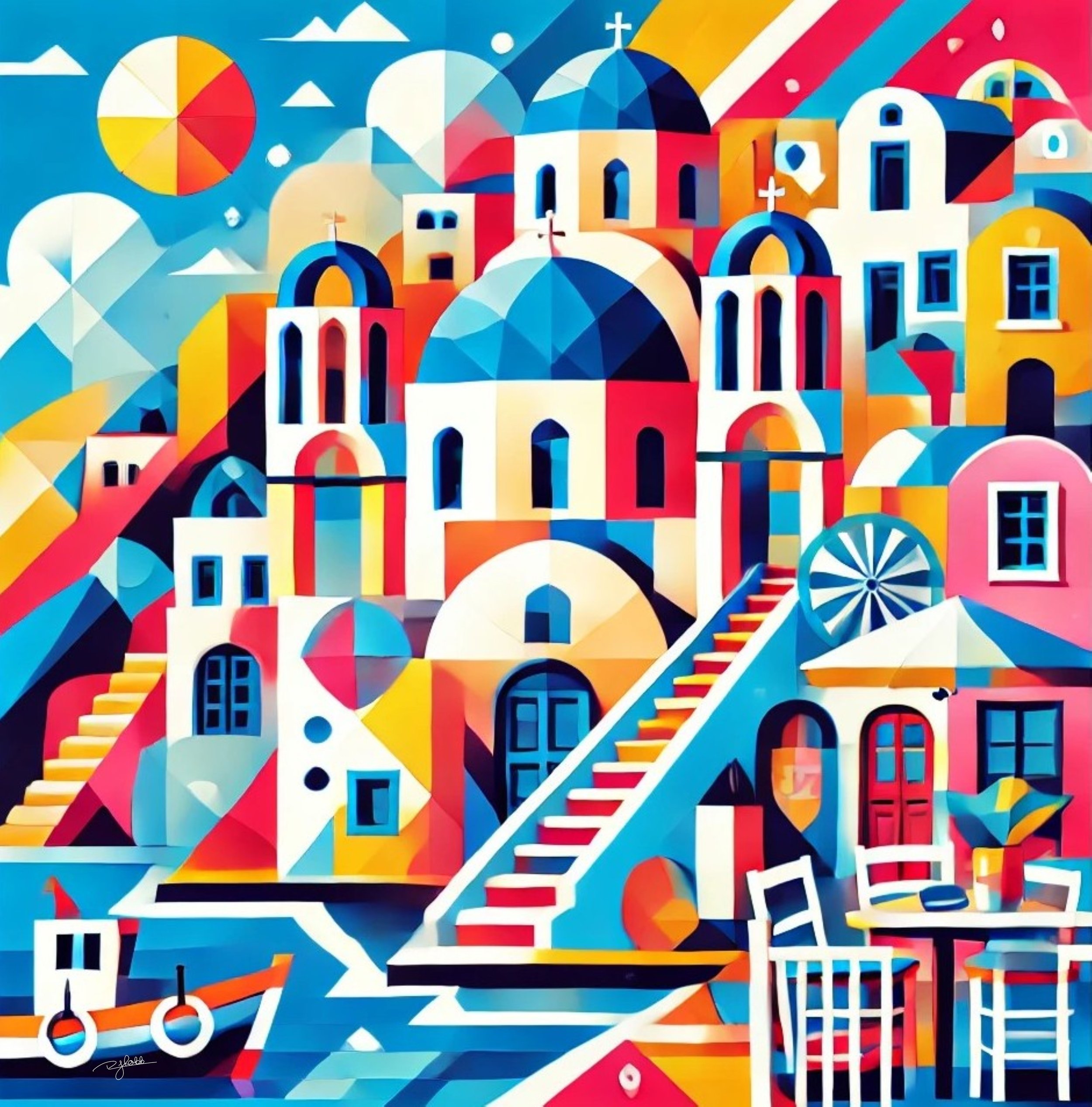 Title: Santorini Spectrum
Description: Whitewashed cliffs and cobalt domes come alive in Santorini Spectrum, where the Greek island’s sunlit architecture is bathed in a dreamy blend of pinks, aquas, and golden sunset hues. A vision of