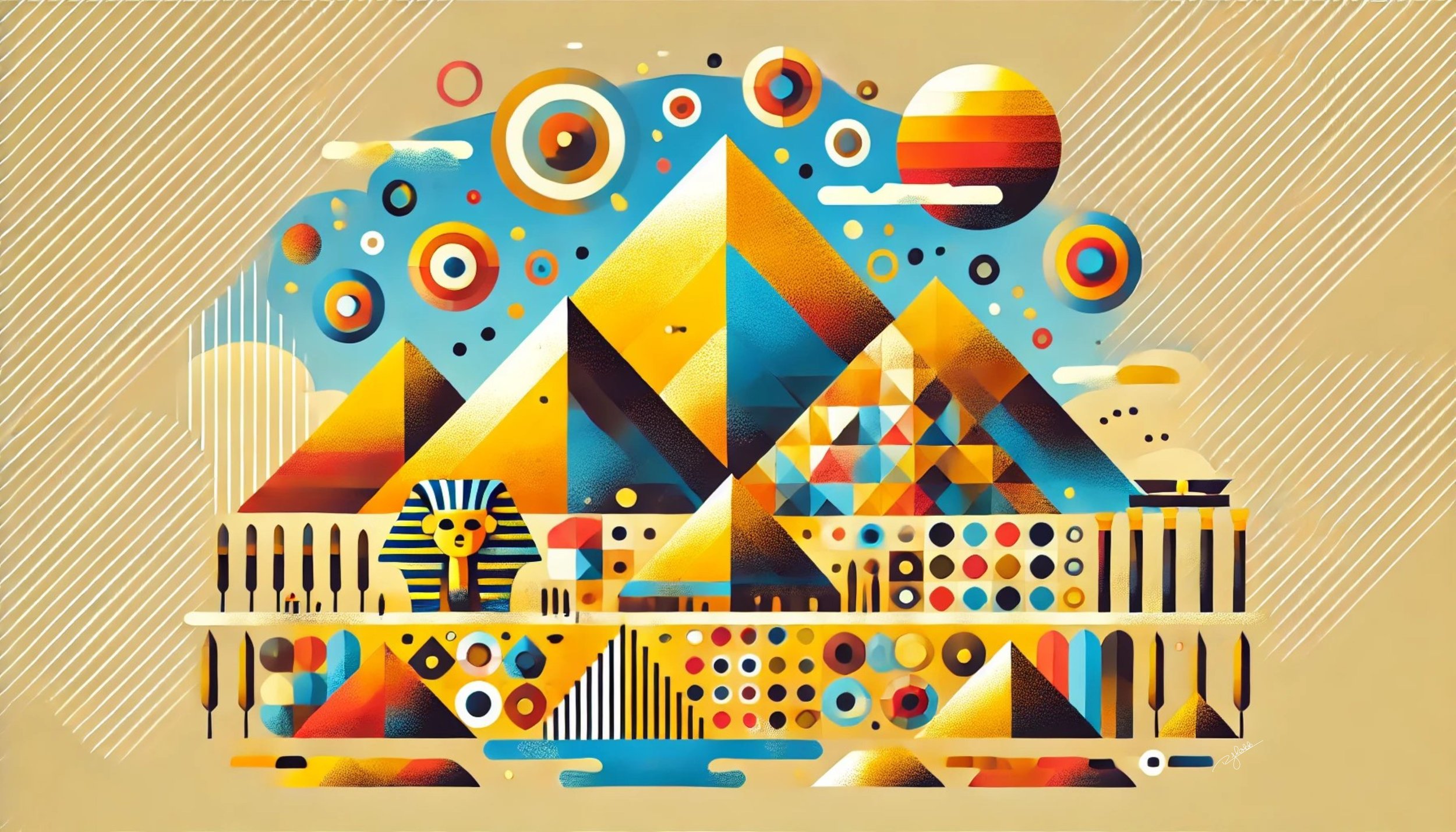 Title: Pyramids Prism
Description: The timeless sands of Egypt meet a vibrant explosion of colour in Pyramids Prism, where ancient geometry is reinterpreted in dynamic, modern abstraction. The Great Pyramids, illuminated in shifting hu