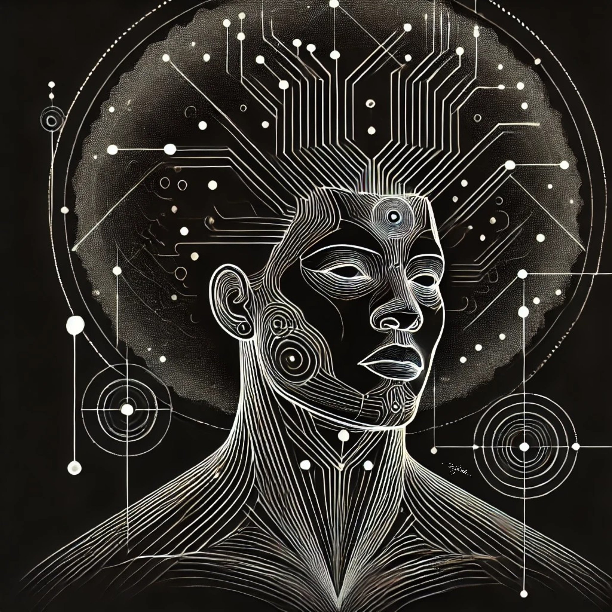 Title: Cosmic Crown
Description: A regal silhouette adorned with intricate geometric designs, this hairstyle radiates celestial energy. The shaved fade transitions seamlessly into interconnected star-like nodes, symbolizing knowledge