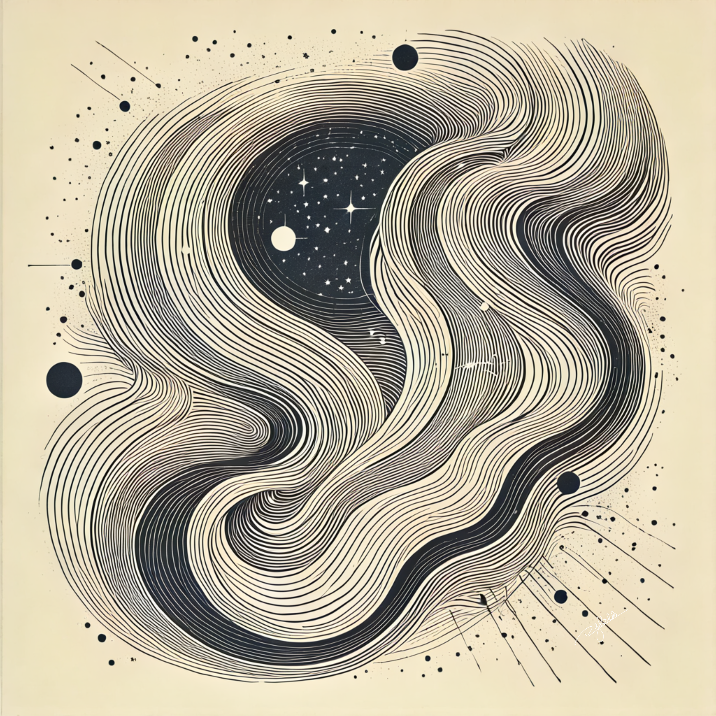 Title: Celestial Tide
Description: Like waves rippling across the fabric of space, Celestial Tide ebbs and flows with the energy of distant galaxies. It moves with an unseen force, drawing all things into its gravitational pull, where