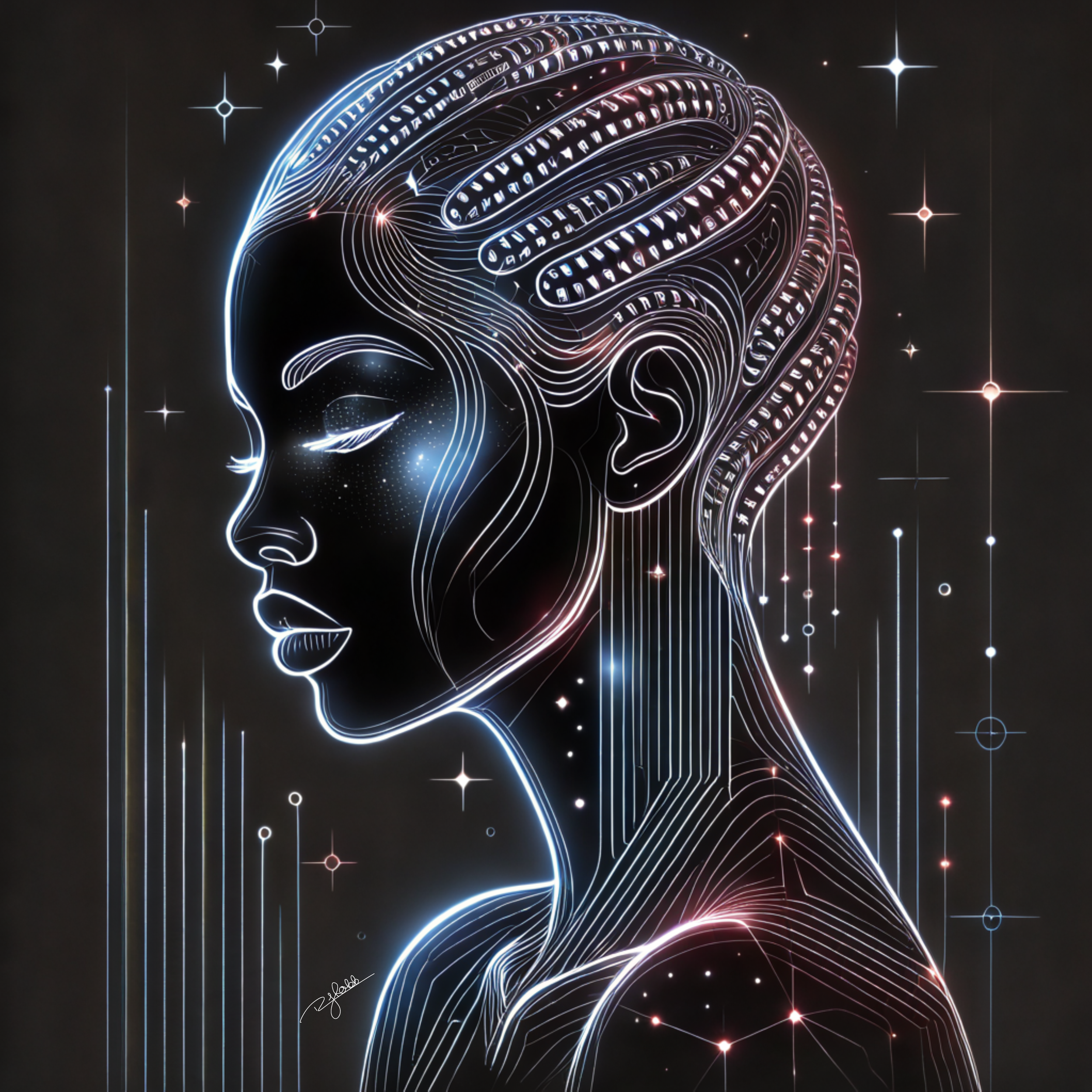 Title: Cornrow Cosmos
Description: Each meticulously woven braid in Cornrow Cosmos is a pathway through the universe, mapping the celestial flow of time and tradition. The rows curve like planetary orbits, reflecting the divine archit