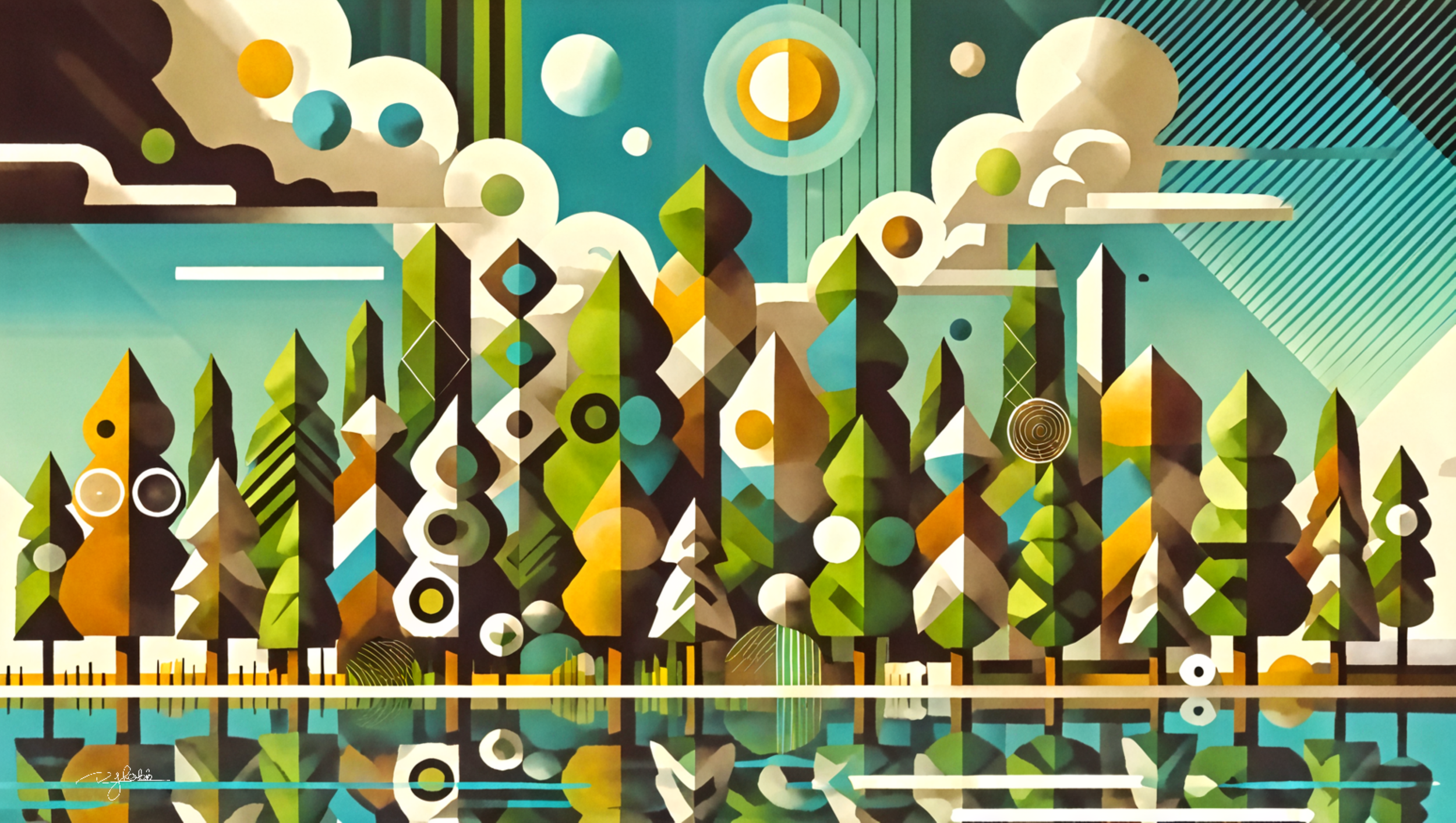 Title: Forest Fractals
Description: Sunlight filters through a dense canopy of emerald and gold, transforming the woodland into a prismatic explosion of natural geometry. Trees, leaves, and shifting shadows interlace in a mesmerizing