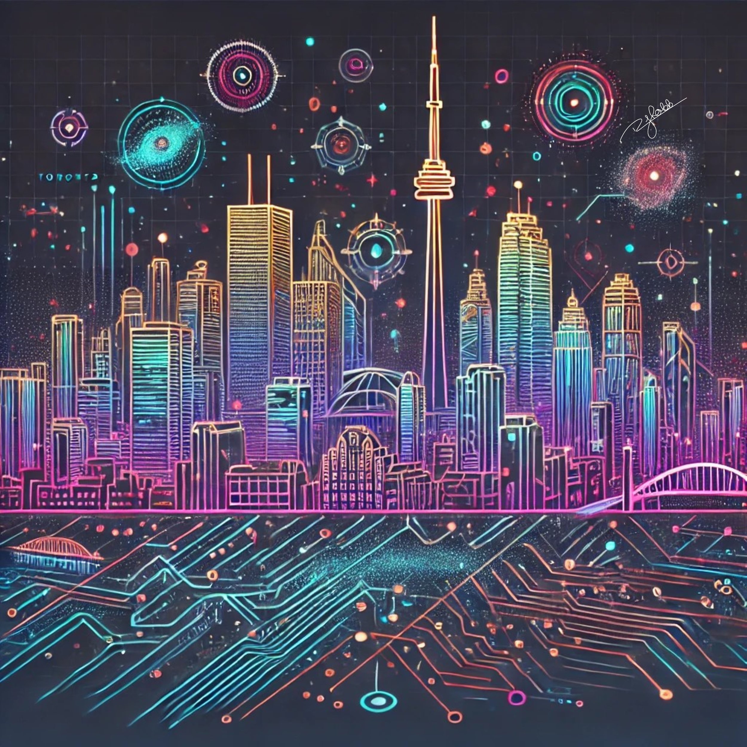 Title: Infinity Toronto
Description: Toronto rises like a gateway to the cosmos, its skyline stretching toward the heavens in a dance of infinite motion. The CN Tower glows like a celestial beacon, sending waves of neon light cascadin