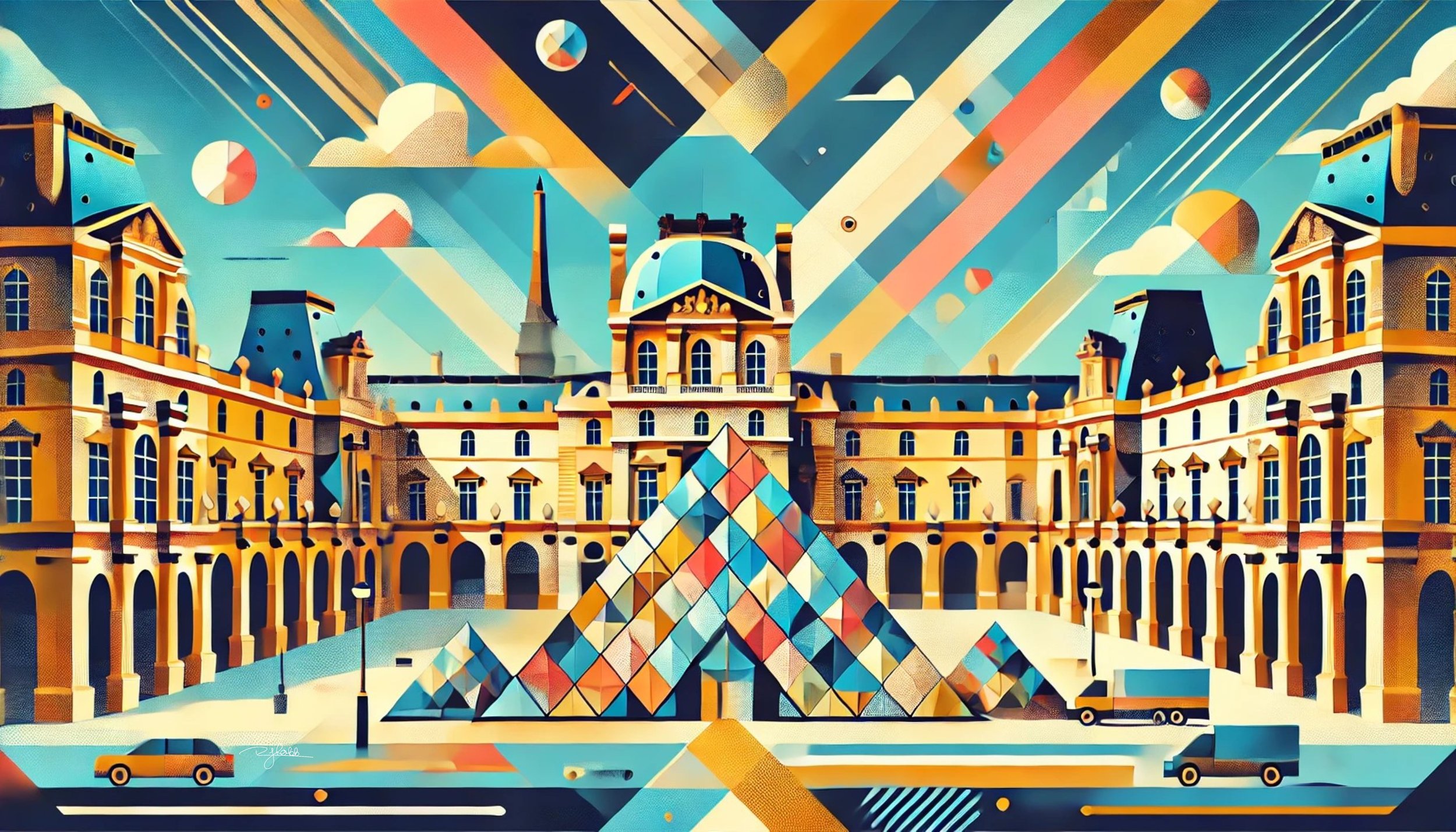 Title: Louvre Luminescence
Description: The Louvre’s glass pyramid and classical façade take on a dynamic neon glow in Louvre Luminescence. Reflected in shimmering golden symmetry, this masterpiece encapsulates the fusion of tradition