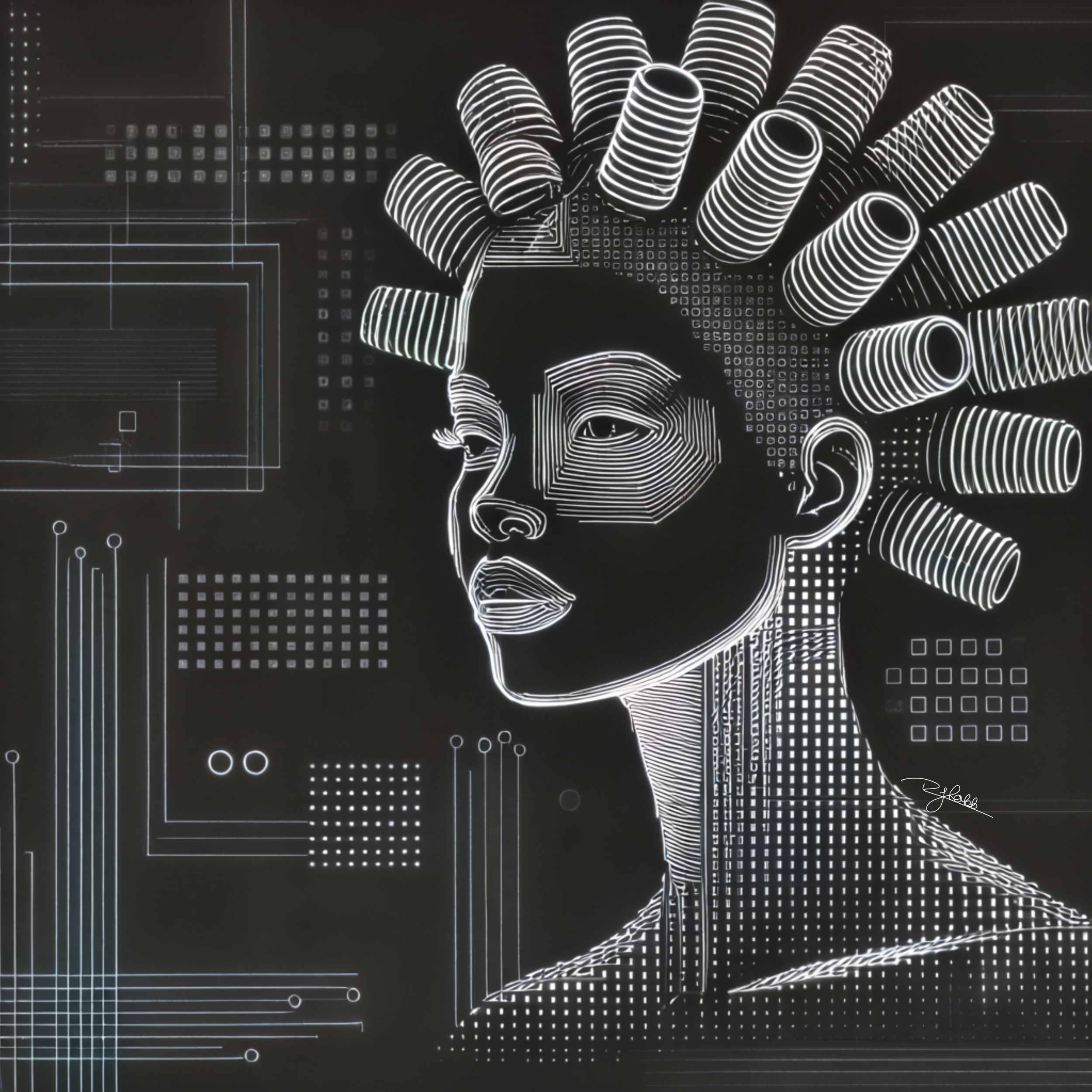 Title: Pixelated Bantu
Description: Perfect geometric symmetry meets digital distortion in Pixelated Bantu, a fusion of ancestral wisdom and cybernetic evolution. Each knot is a beacon of identity, a signal transmitted across the age