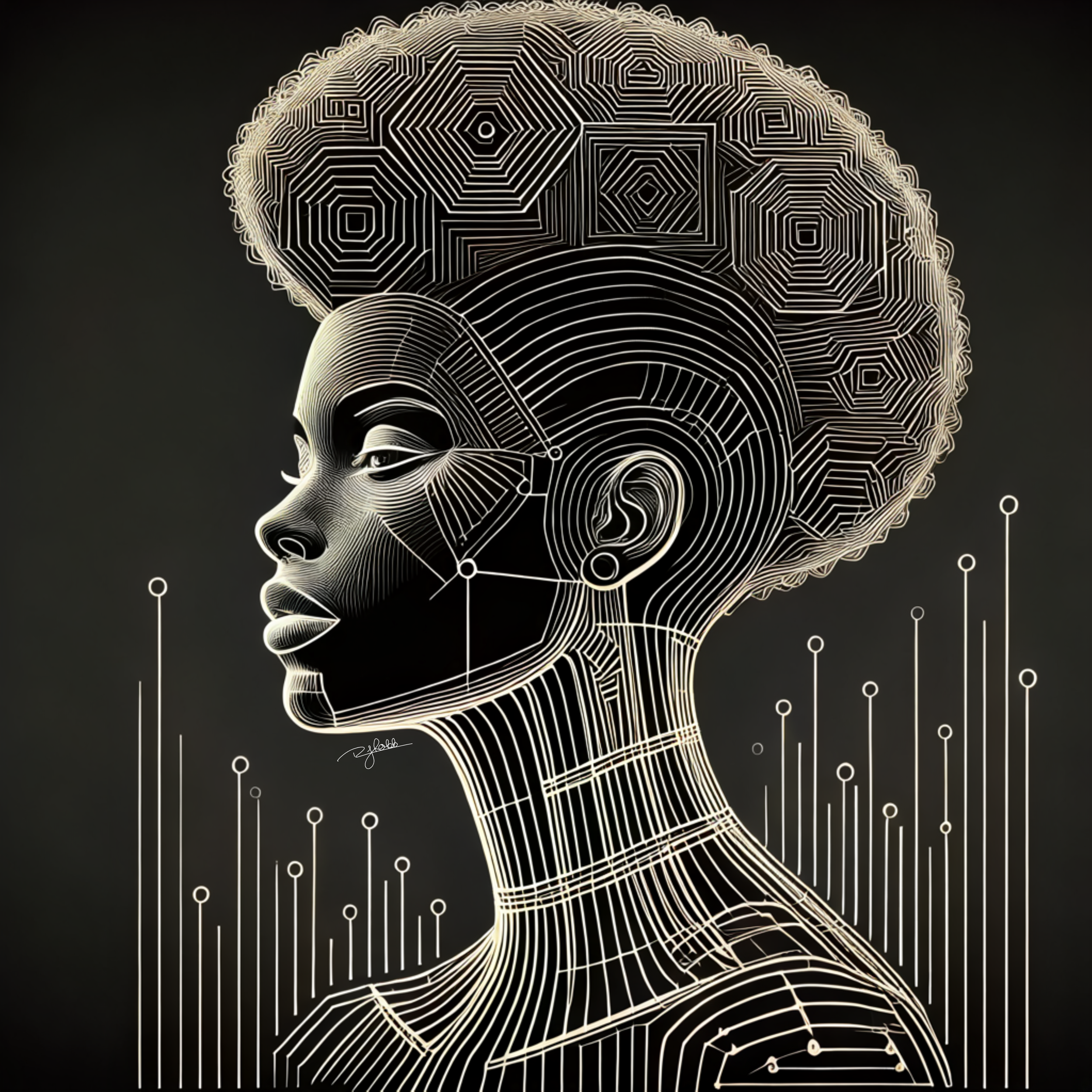 Title: Digital Frohawk
Description: A cutting-edge silhouette carved from streams of digital energy, the Digital Frohawk is a striking fusion of tradition and cybernetic evolution. It stands tall like a monolithic beacon, glowing wit
