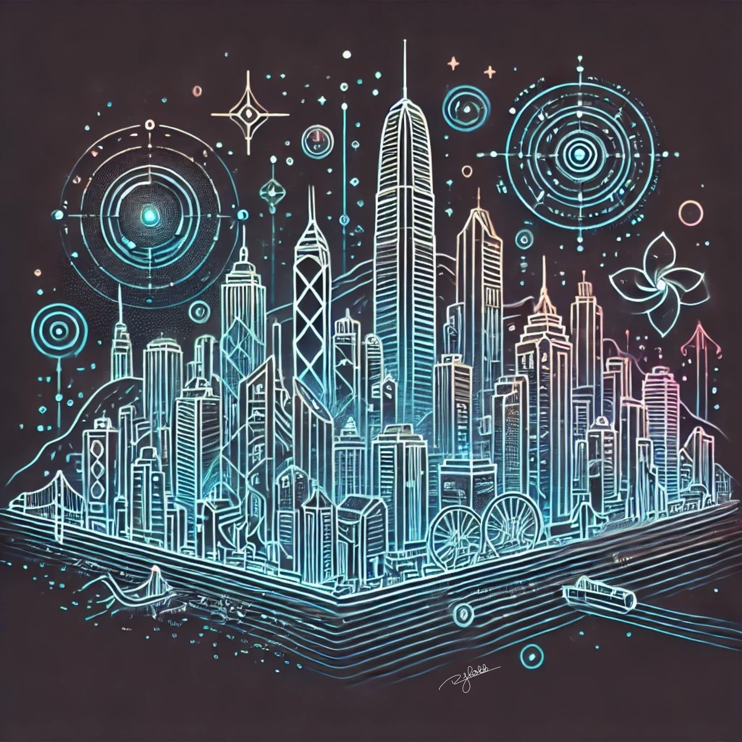 Title: Holographic Hong Kong
Description: A city of light and illusion, Hong Kong’s skyline dances with the glow of holographic architecture. Skyscrapers flicker between dimensions, their surfaces morphing with the flow of digital ene