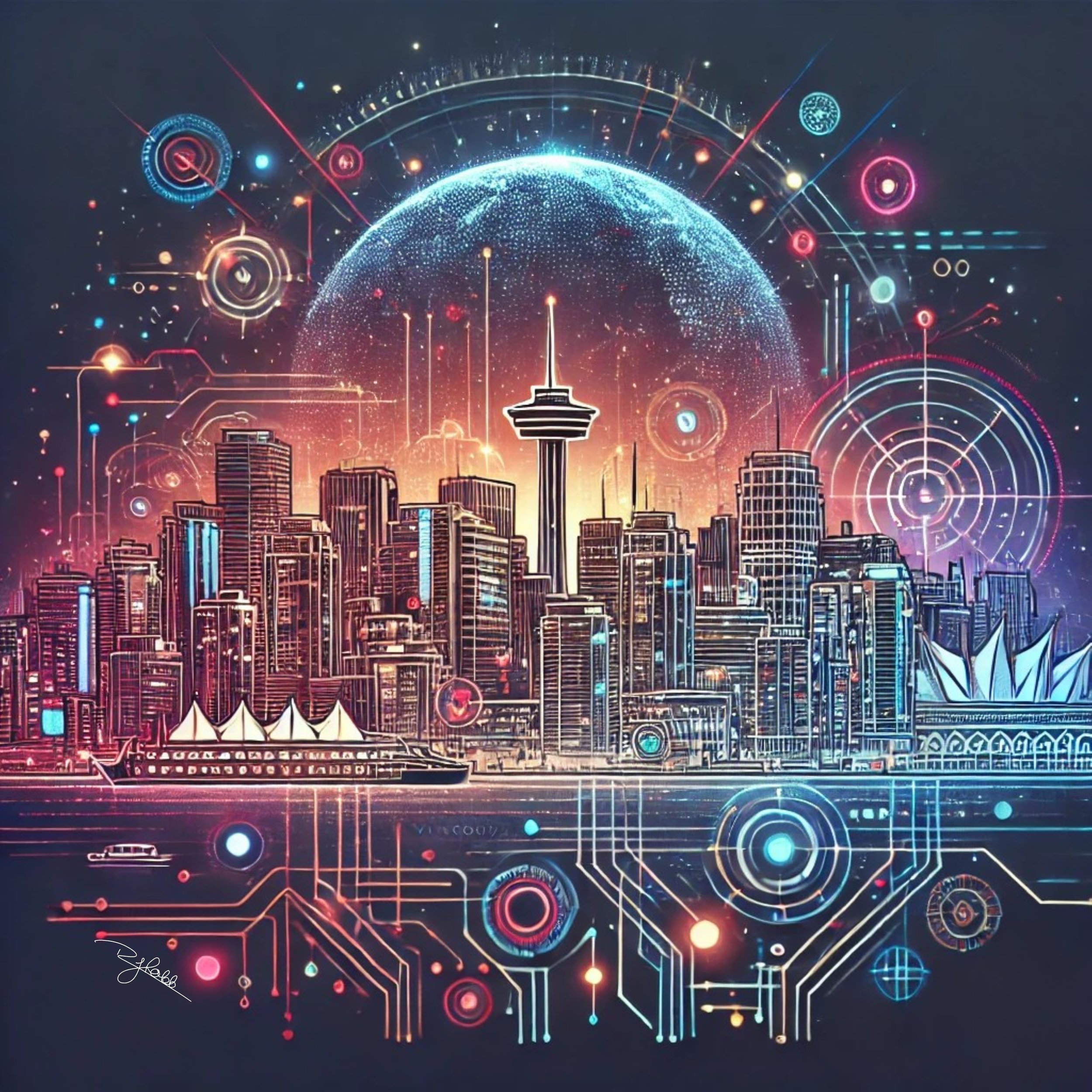 Title: Vibrant Vancouver
Description: Vancouver’s skyline flickers with an electric energy that fuses nature and neon into a breathtaking symphony. Its glass towers refract the glowing Northern Lights above, casting cybernetic reflect