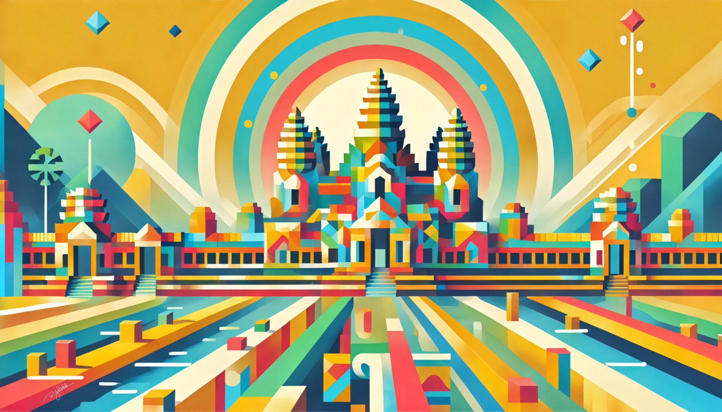 Title: Angkor Abstraction
Description: A sacred monument reborn in radiant geometry, Angkor Abstraction turns Cambodia’s temple complex into a mesmerizing dance of colour. Its ancient stonework glows with deep reds, electric blues, and