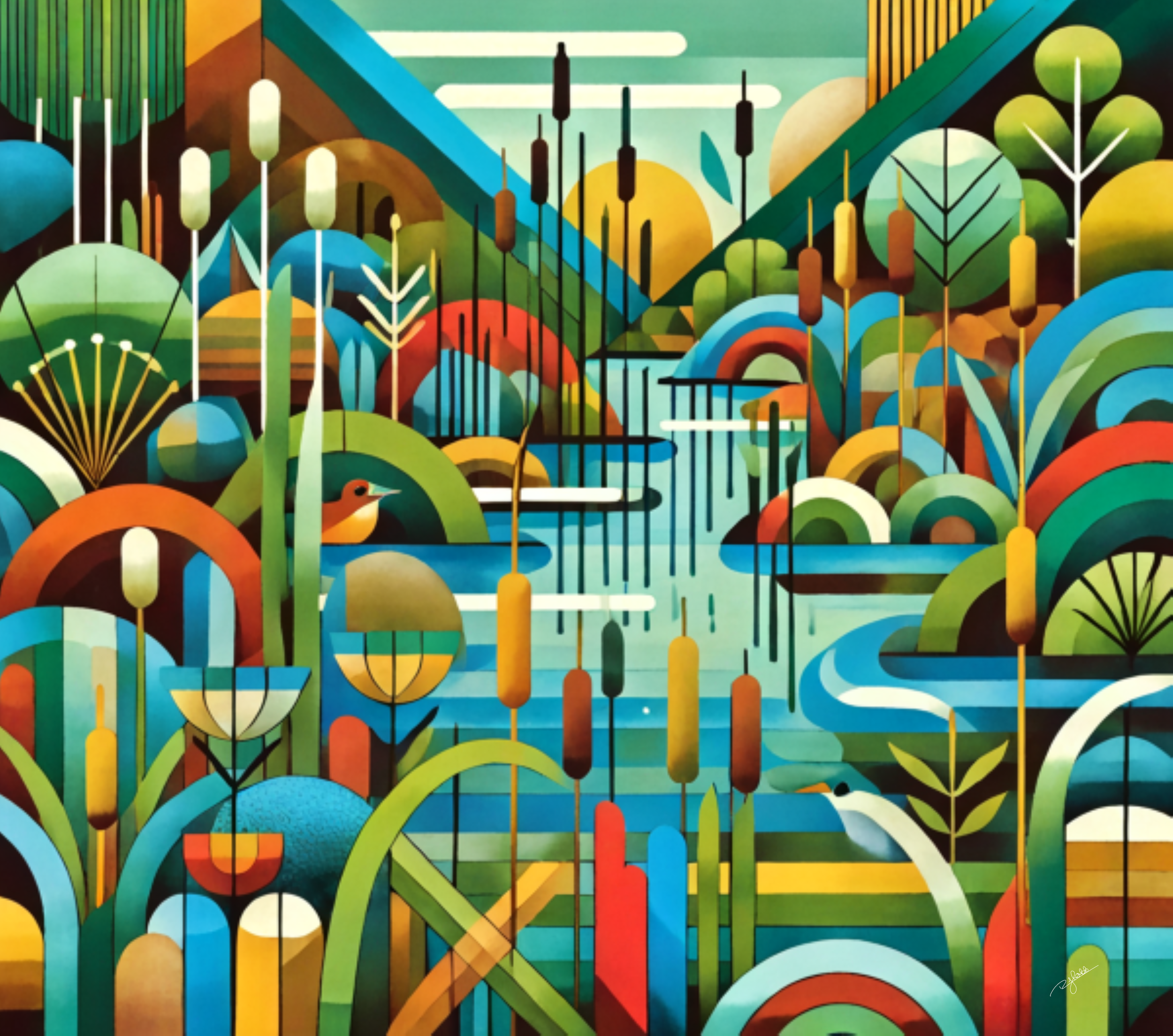 Title: Wetland Wonders
Description: Reflections dance across glassy waters, where lush reeds and winding inlets create a delicate mosaic of shifting blues and greens. Life flourishes in this hidden paradise, where stillness is decepti