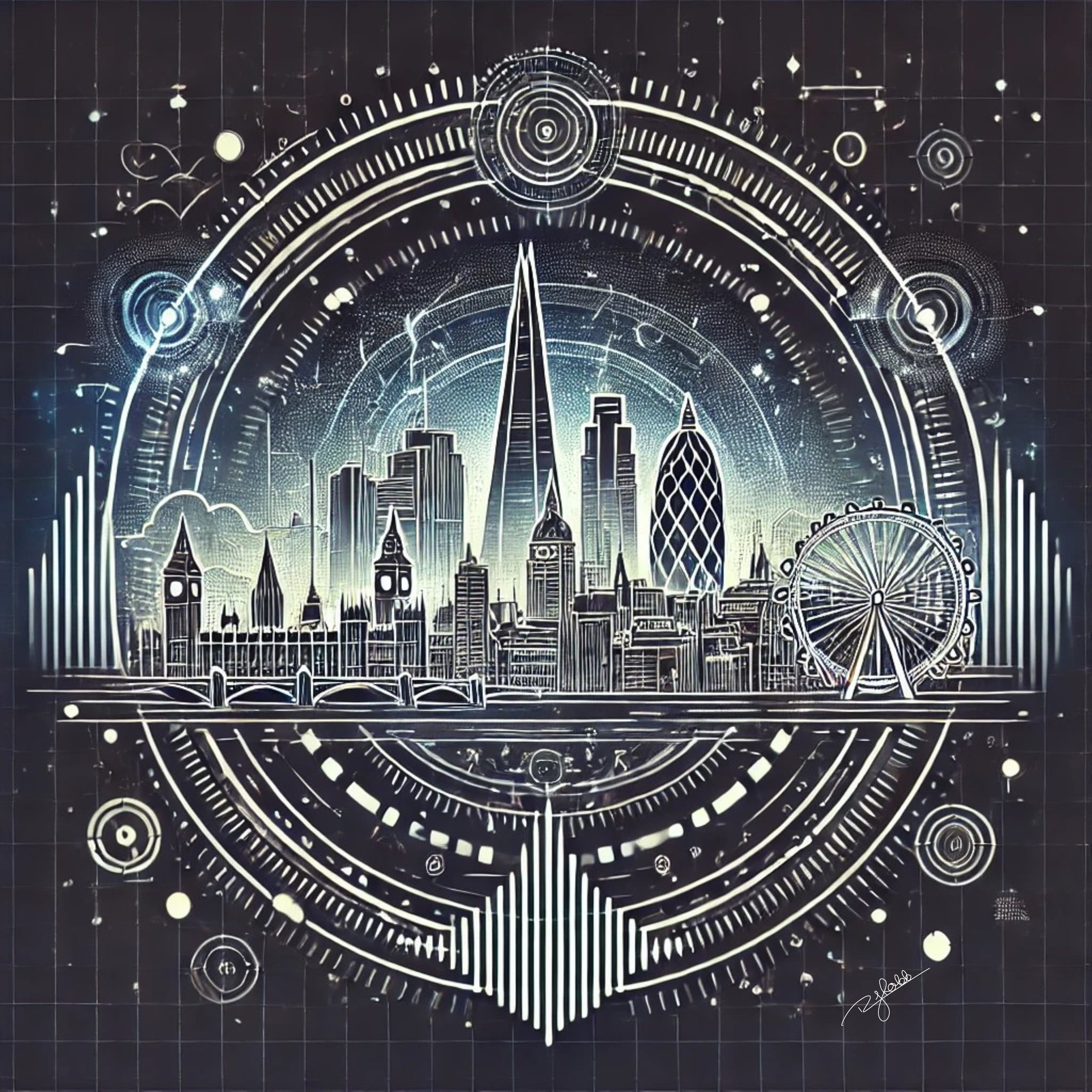 Title: Phantom London
Description: A spectral mist rolls over the Thames, weaving through a city where history meets the digital unknown. The skyline flickers with haunting neon shadows, its iconic landmarks reimagined in a futuristic