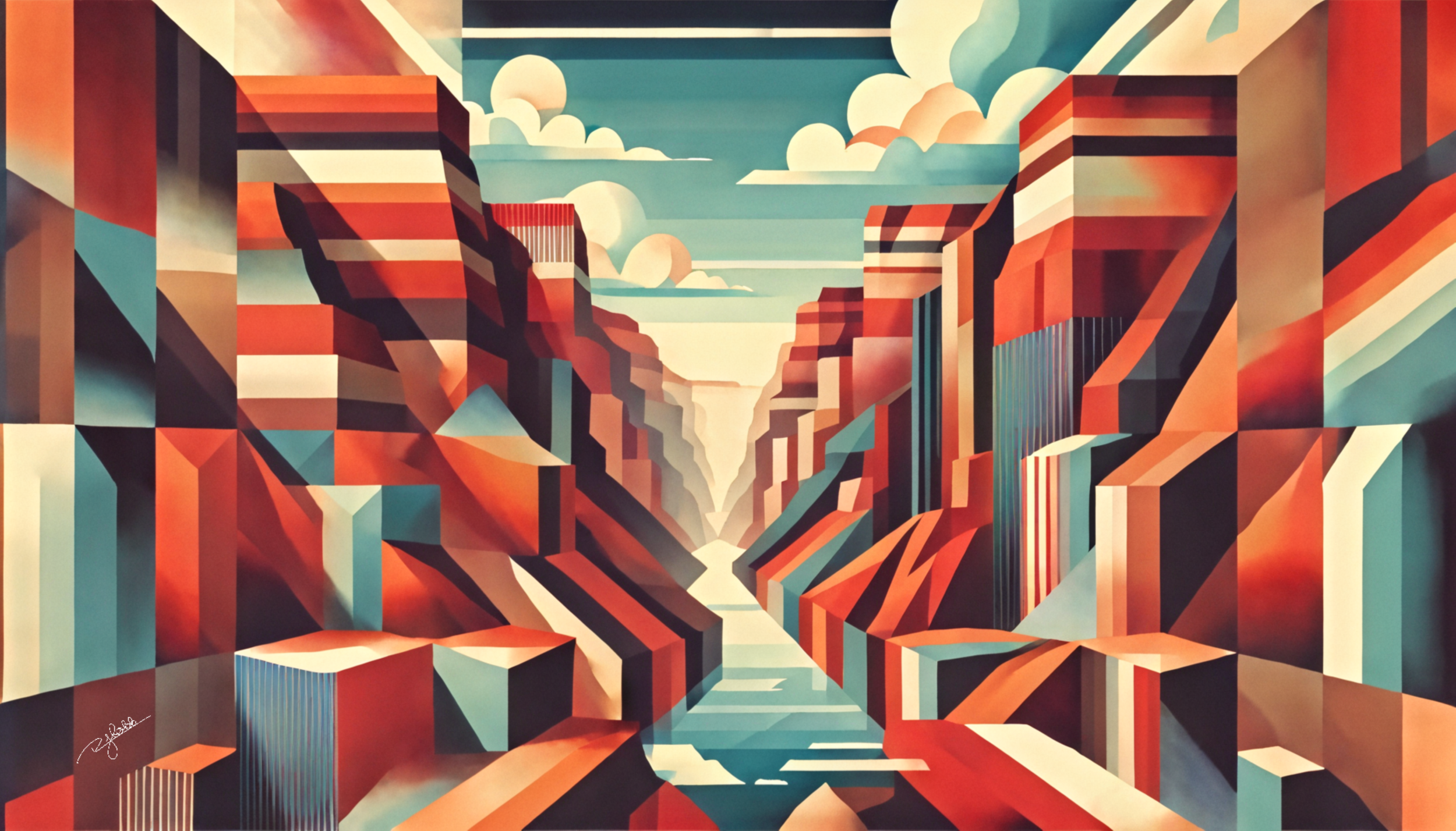 Title: Canyon Kaleidoscope
Description: Sun-baked cliffs and labyrinthine gorges unravel in an explosion of fiery reds, deep ochres, and golden browns, mirroring the carved history of time itself. The layered rock formations stand in