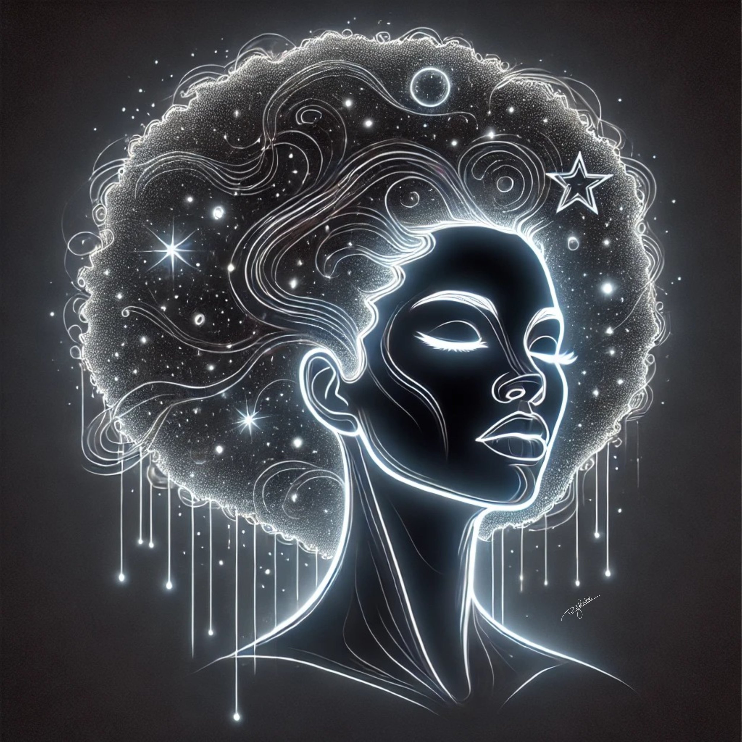 Title: Celestial Afro
Description: A halo of cosmic curls expands outward, each strand pulsating with galactic energy. Stars twinkle within the voluminous crown, representing the universe’s infinite possibilities. This piece embodies