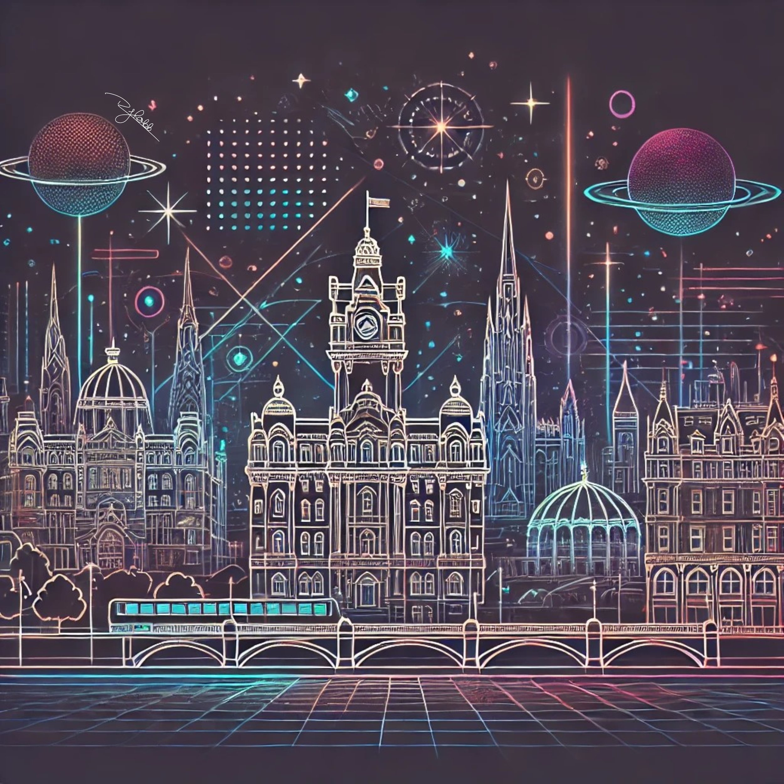 Title: Ethereal Edinburgh
Description: A city of stone and stars, Edinburgh’s castle glows with an ethereal blue light, standing as a spectral monument in a futuristic dream. Fog rolls through the streets like a ghostly current, carry