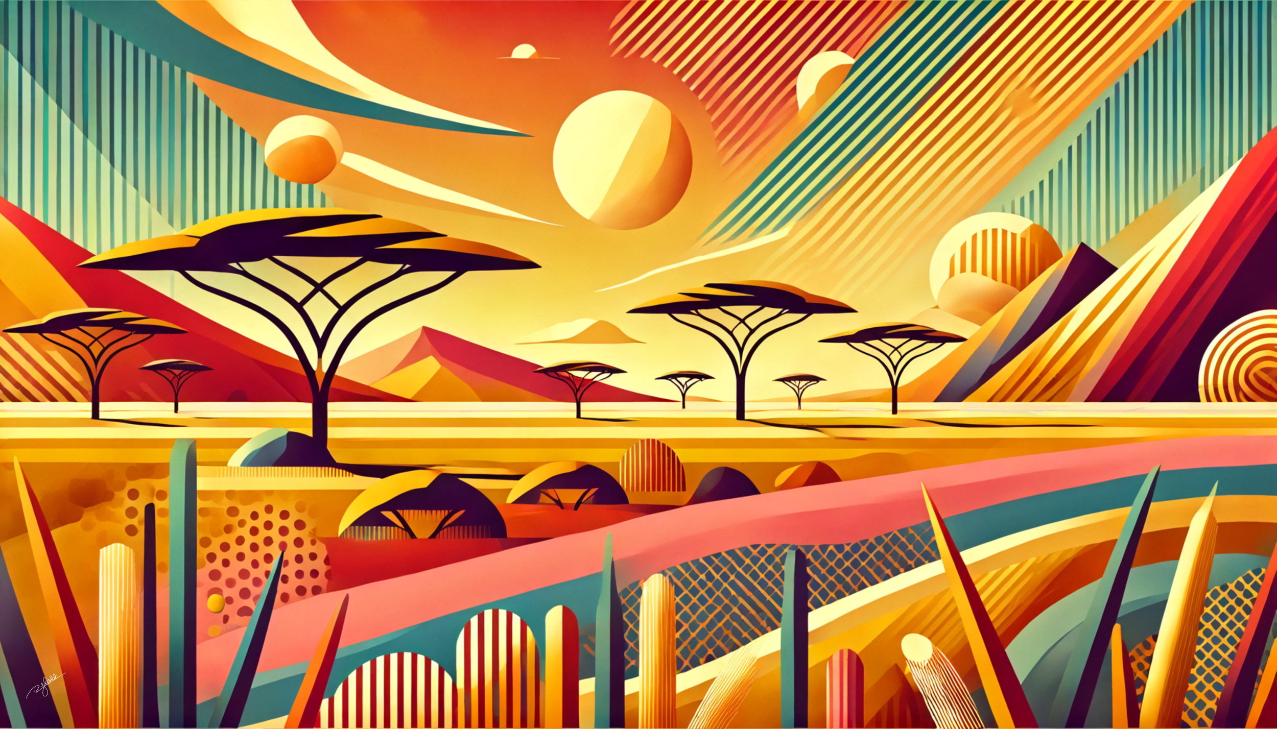 Title: Savanna Spectrum
Description: Beneath an amber sun, the golden grasslands ripple in a shimmering mirage, dotted with acacia trees and distant wildlife silhouettes. The horizon stretches boundless, painted in warm tones and frag