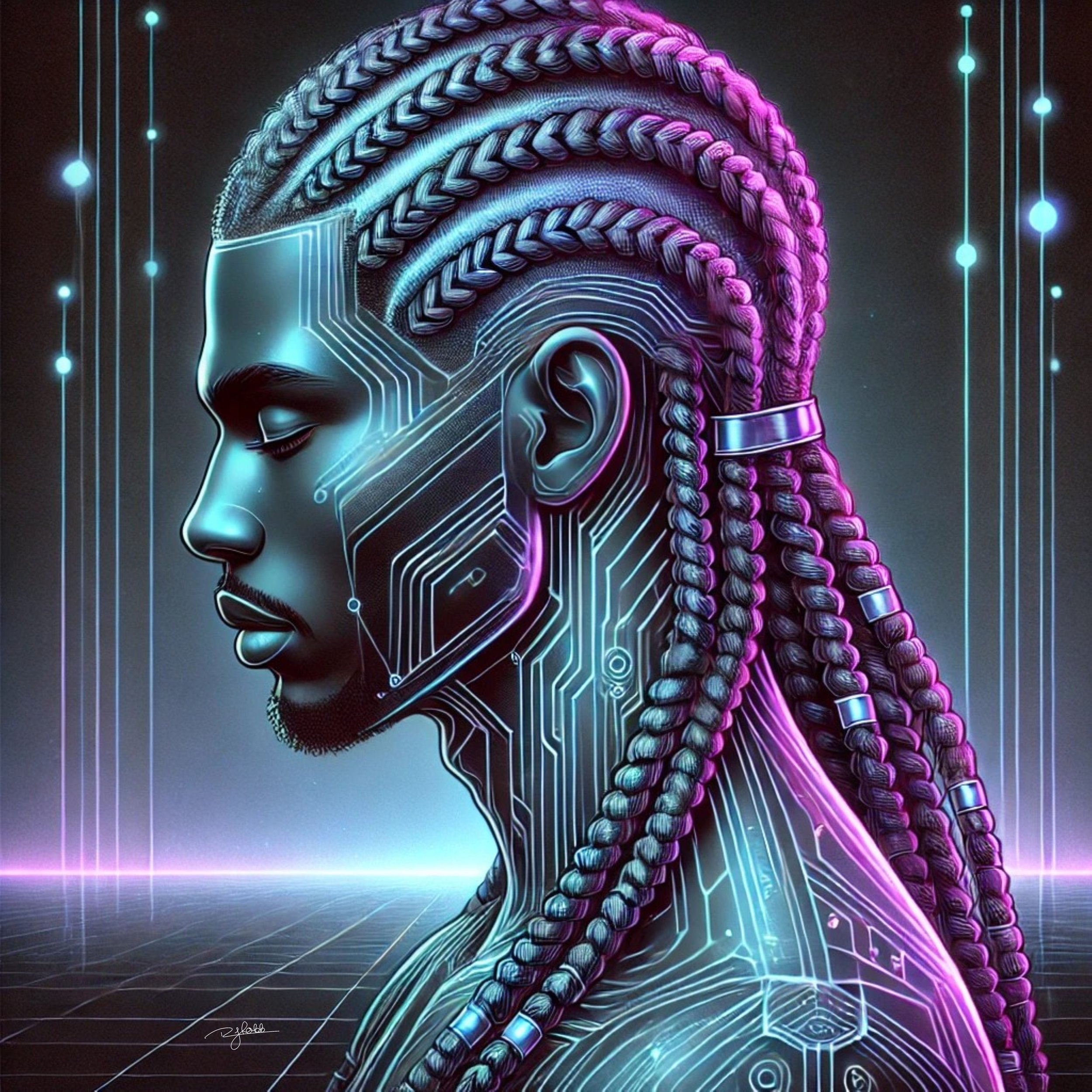 Title: Neon Rows
Description: Intricately woven cornrows trace the patterns of a digital motherboard, reflecting the sharp precision and intelligence of their wearer. Each parting line is a roadmap to a future shaped by knowledge and