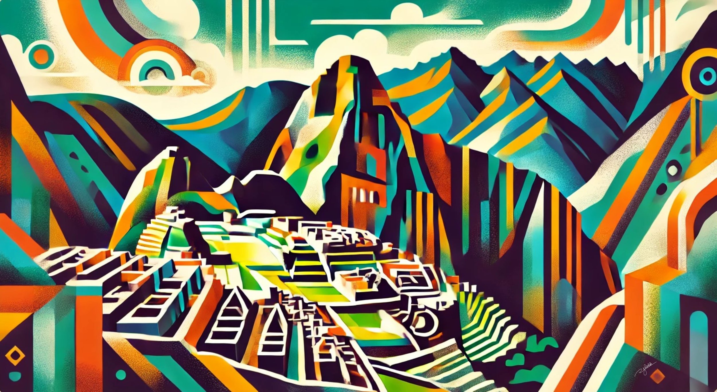 Title: Machu Picchu Mirage
Description: The Lost City of the Incas emerges in a dreamscape of radiant colour and angular form in Machu Picchu Mirage. The terraces and stone ruins shimmer in vibrant greens, golds, and deep blues, bringi