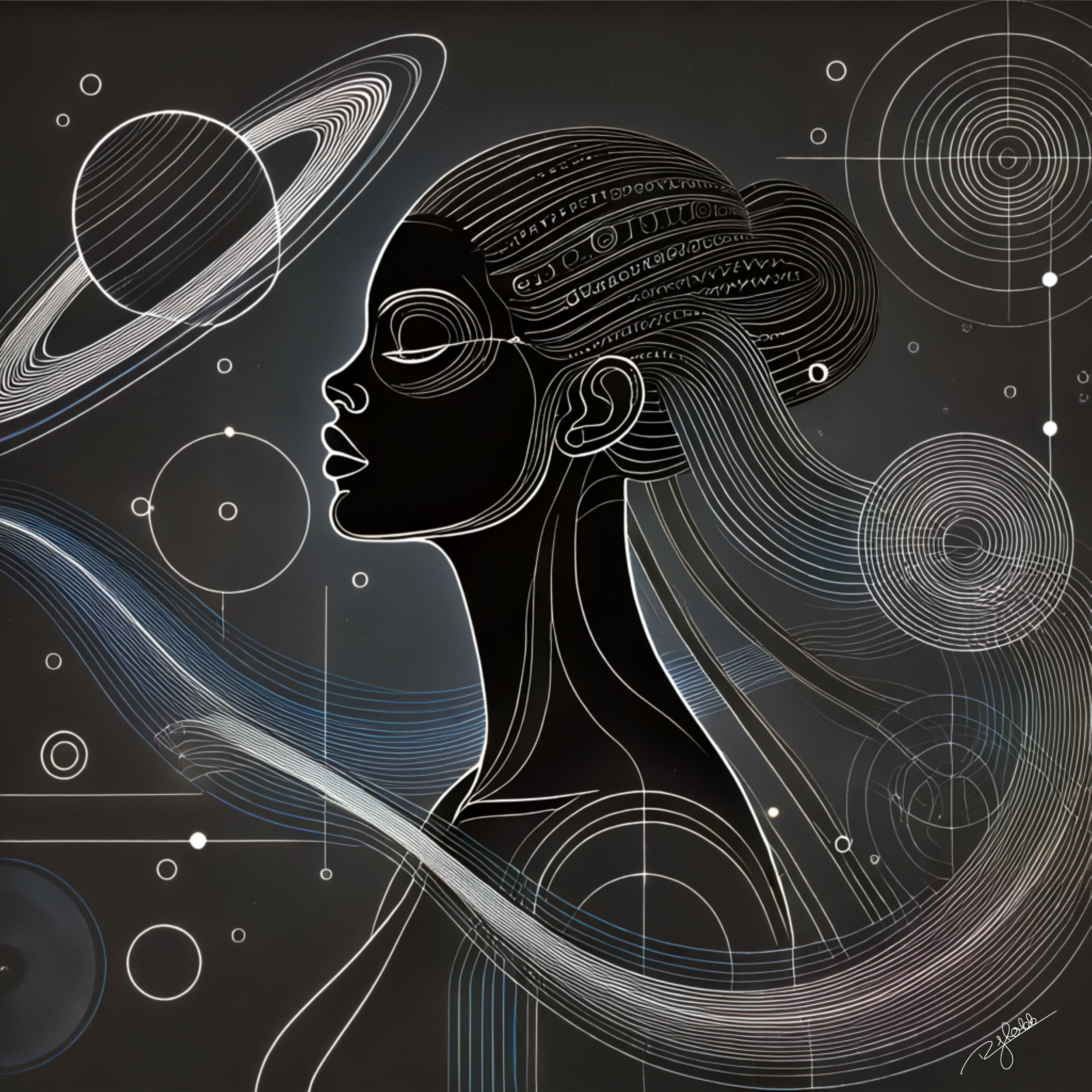 Title: Orbiting Braids
Description: Suspended in a gravitational dance, Orbiting Braids circle the head like celestial bodies in synchronized motion. Their cosmic paths are illuminated by neon strands, pulsing with the rhythm of the uni