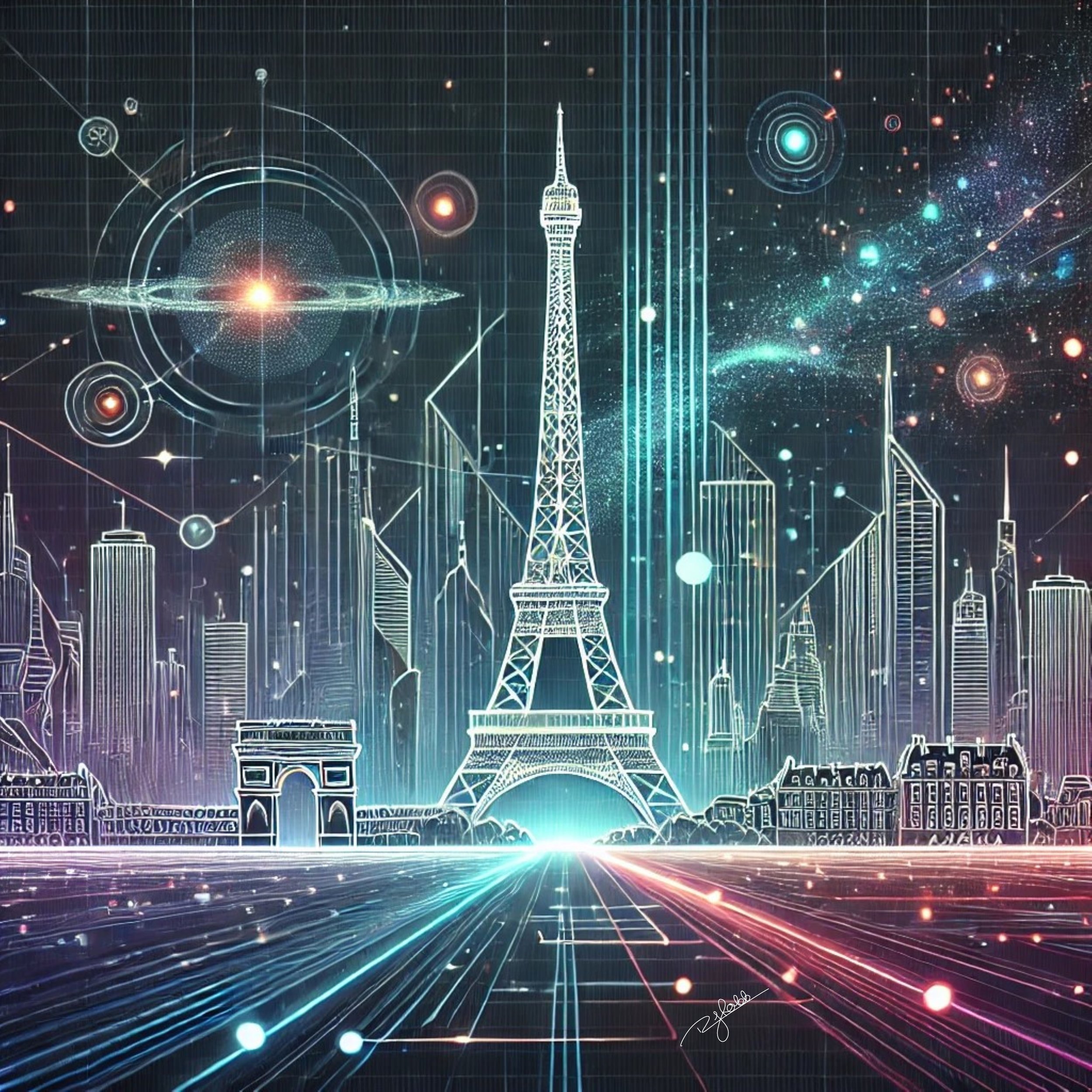Title: Parisian Glow
Description: The Eiffel Tower shimmers with an ethereal luminescence, casting neon trails across the City of Light’s futuristic skyline. Hovering lights ripple like reflections on the Seine, turning Paris into a s