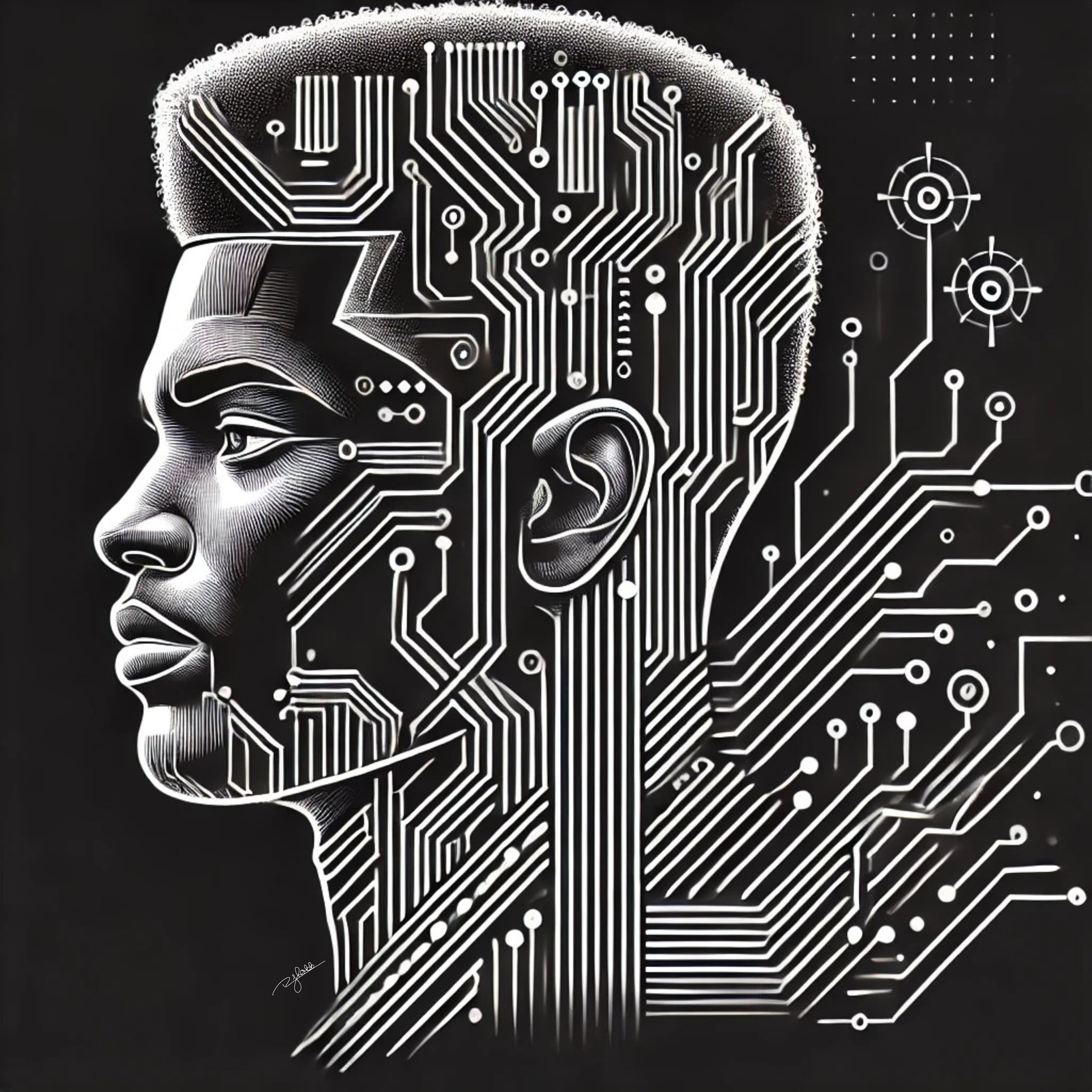 Title: Regal Oracle
Description: A masterfully etched fade with embedded circuit-like patterns, giving the impression of a divine, tech-enhanced being. The hairline is meticulously detailed, radiating an aura of wisdom and foresight.