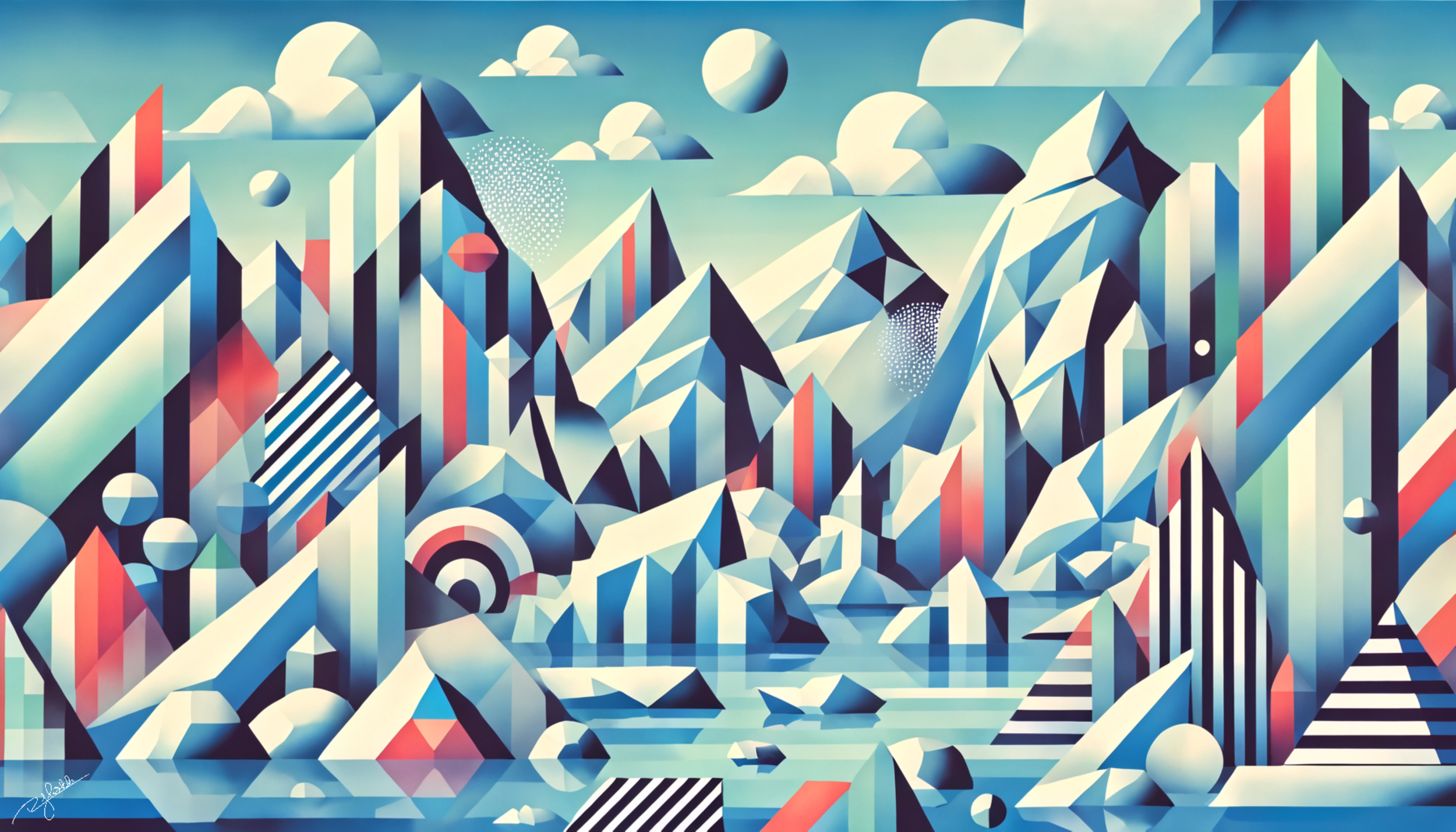 Title: Glacial Geometry
Description: The Arctic wilderness is reduced to its purest crystalline form, where towering icebergs and frozen landscapes fracture into prismatic shards of white, blue, and silver. The icy expanse radiates a