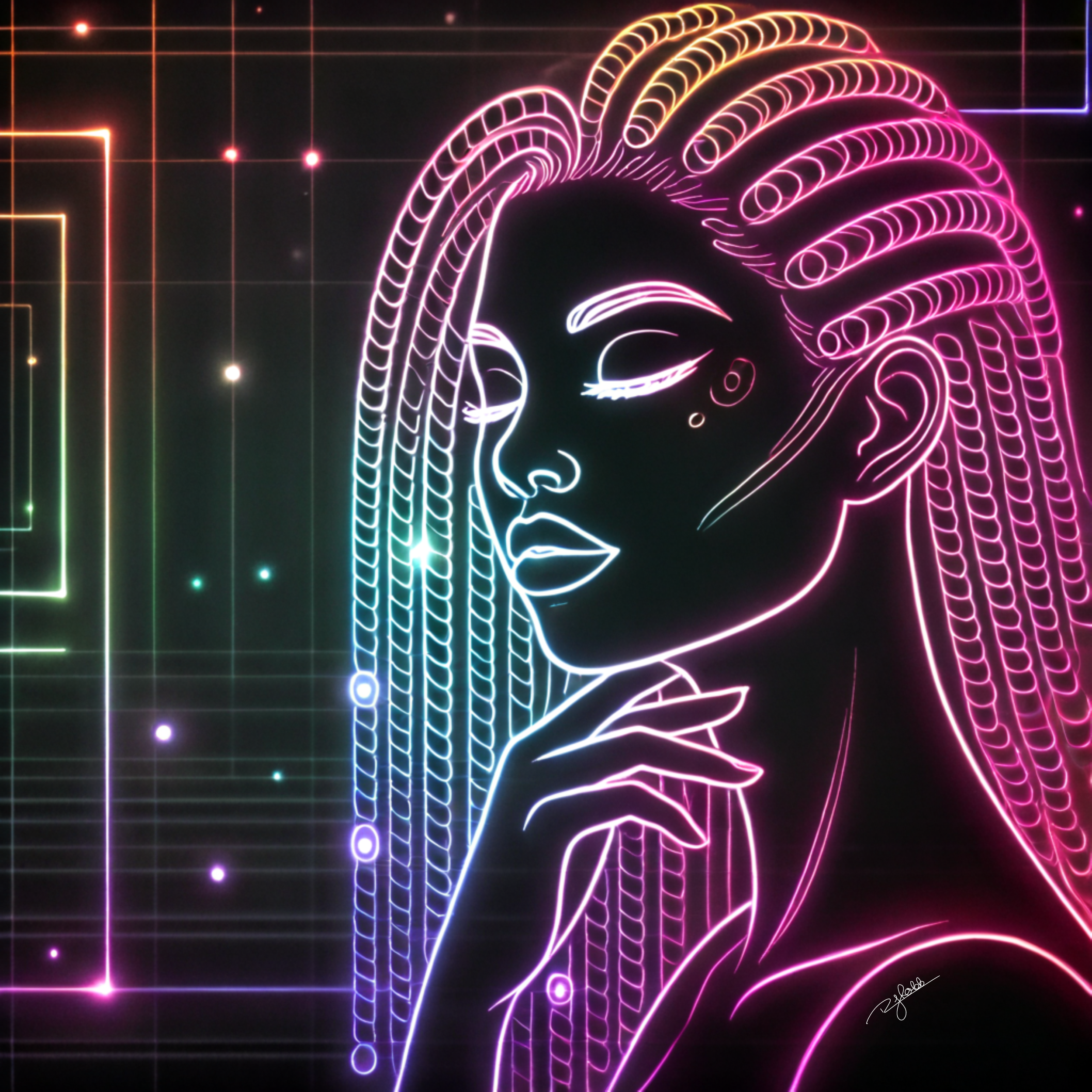 Title: Neon Cornrows
Description: Glowing lines map out the scalp like pathways in a digital cityscape, each row a highway of pure, pulsing energy. Neon Cornrows reflect the structured flow of both ancestry and technology, a style en
