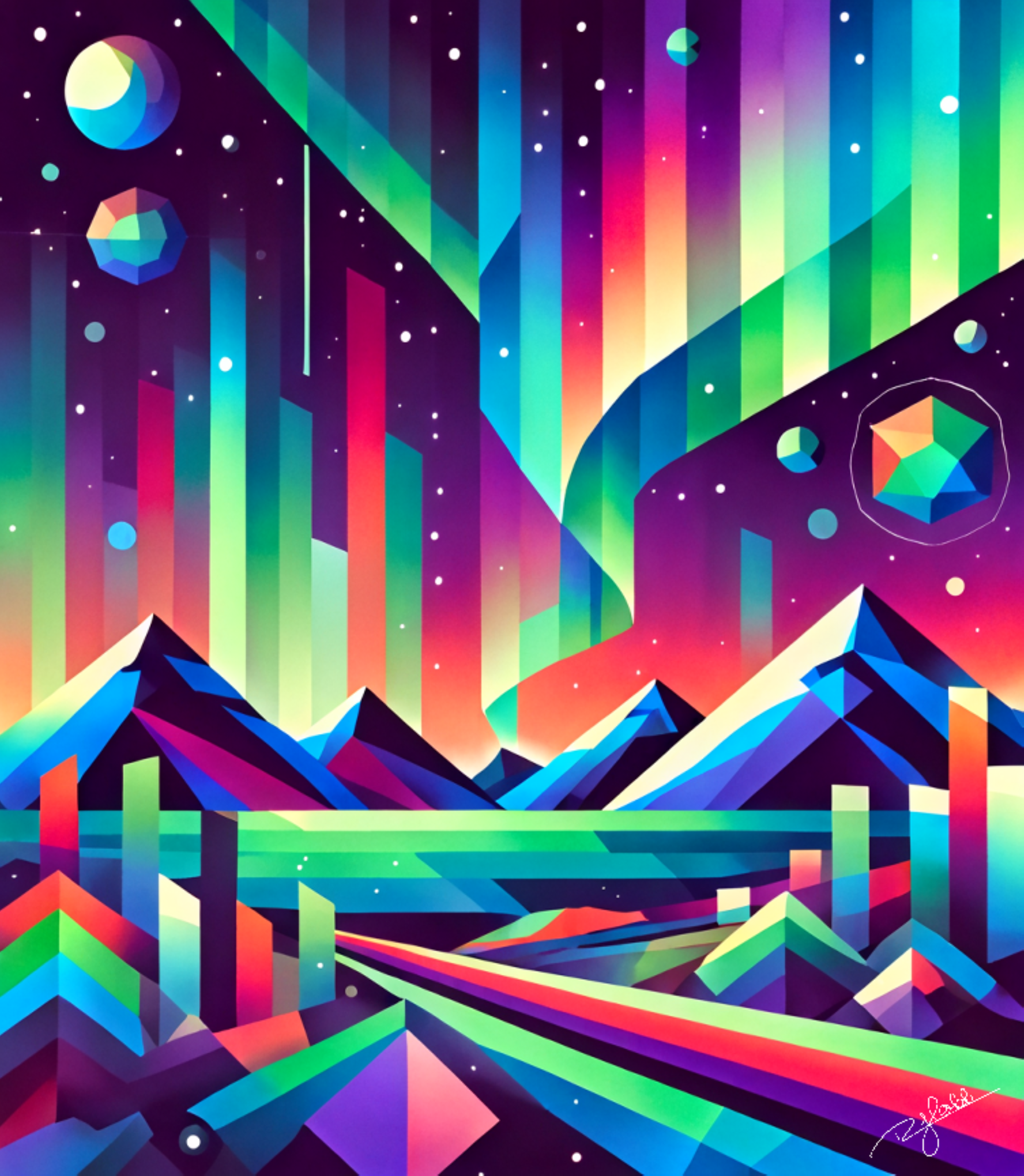 Title: Aurora Abstractions
Description: The Northern Lights dance across the sky, a celestial symphony of color refracted through intricate geometric forms. Vibrant neon hues swirl in an electrified sky, echoing the unseen forces that