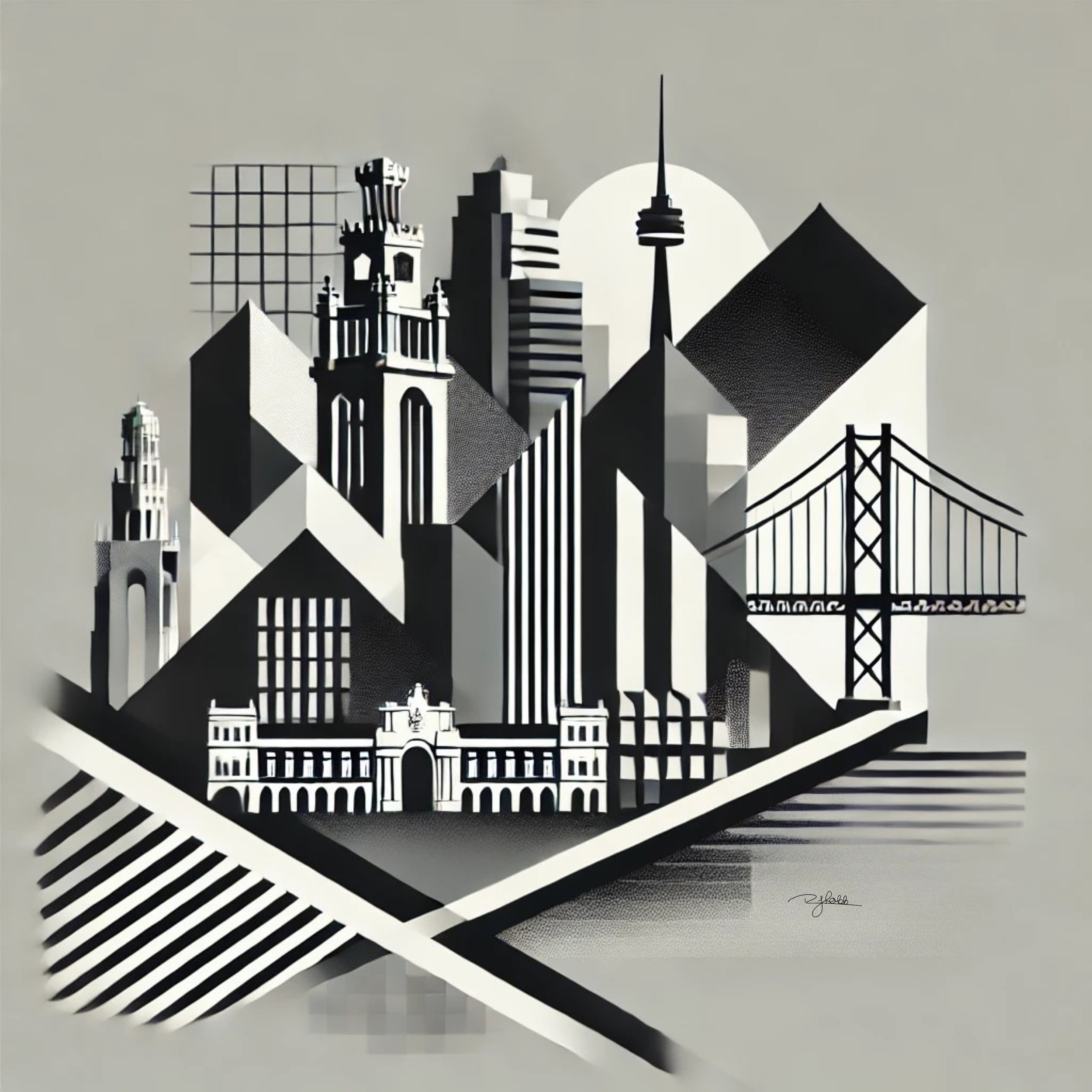 Title: Lisbon Lines
Description: A city of rolling hills and azulejo-lined facades, Lisbon Lines captures Portugal’s capital in crisp monochrome. The intricate tramway cuts through the historic skyline, winding its way through time an