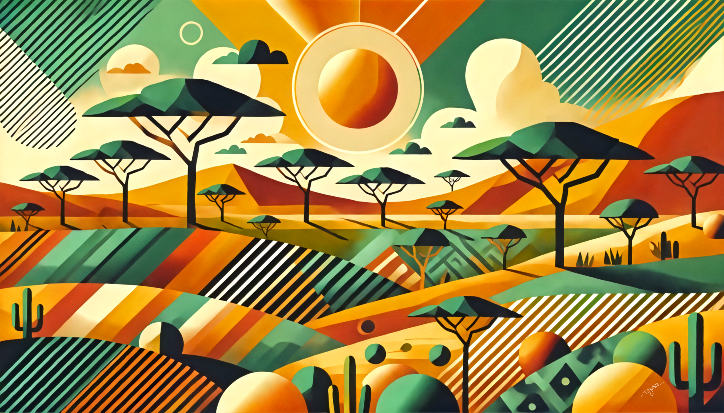 Title: Savanna Symphony
Description: Beneath an endless golden sky, rolling grasslands ripple in the warm embrace of the setting sun, their golden waves stretching toward the horizon. Scattered acacia trees stand like solitary sentine