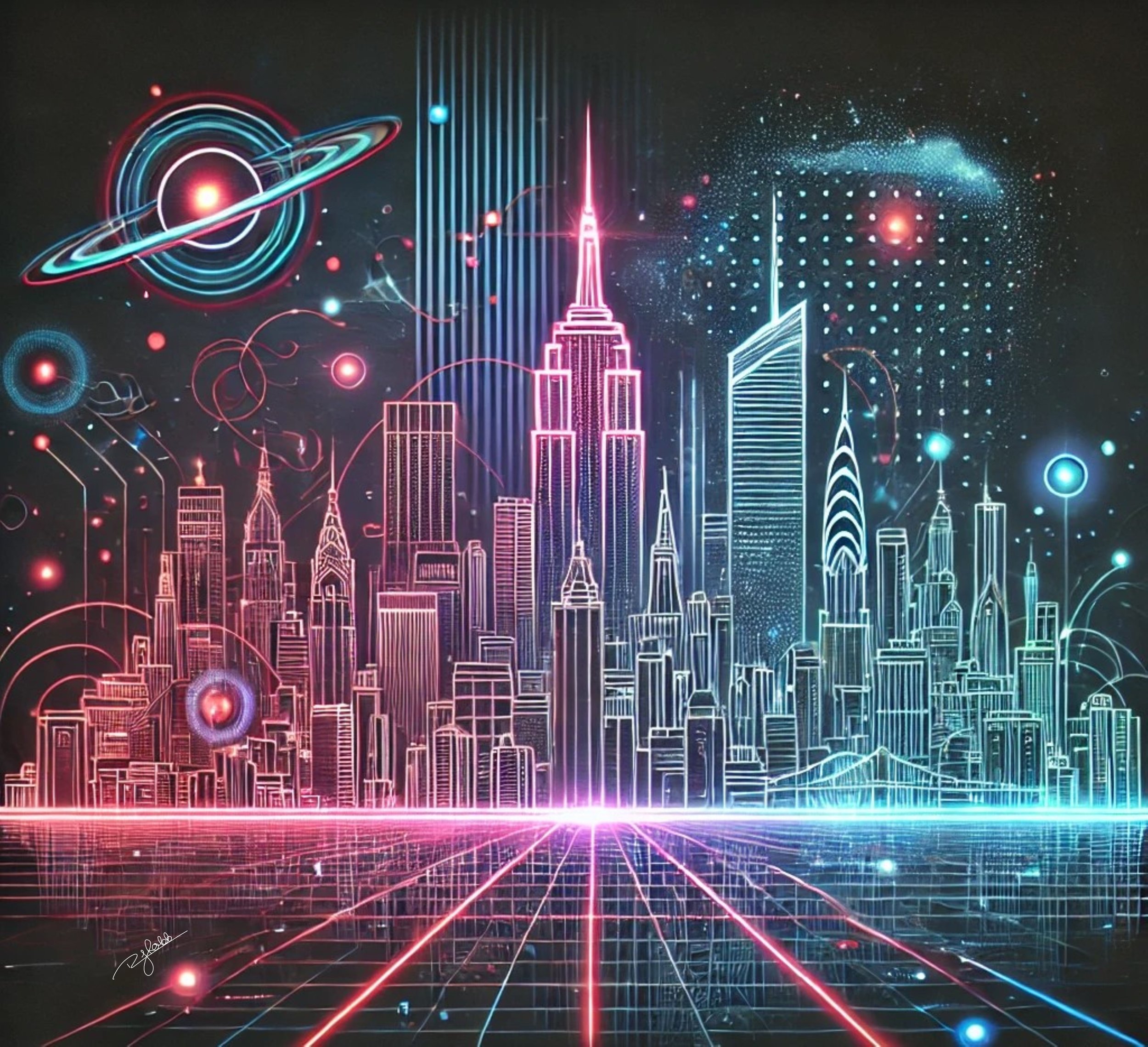 Title: Neon New York
Description: New York ascends into a cybernetic future, its skyline a radiant spectacle of neon and steel. The city’s energy crackles through the air, electric blues and fiery pinks streaking across the towering g