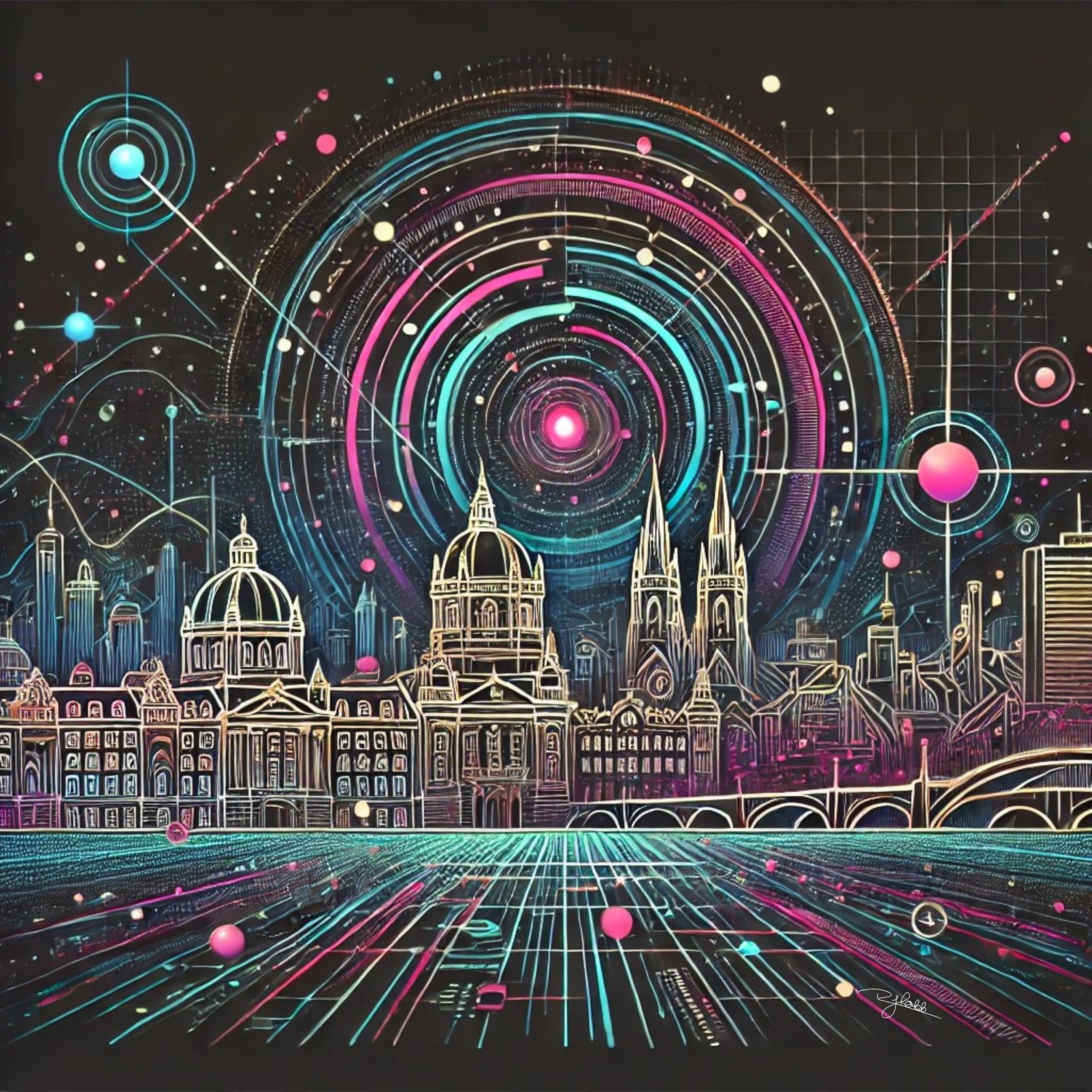 Title: Pulsar Prague
Description: A symphony of colours dances over Prague’s gothic skyline, casting the city in a surreal neon glow. The spires of its castles pierce the cosmic night, reflecting beams of electric energy that ripple l