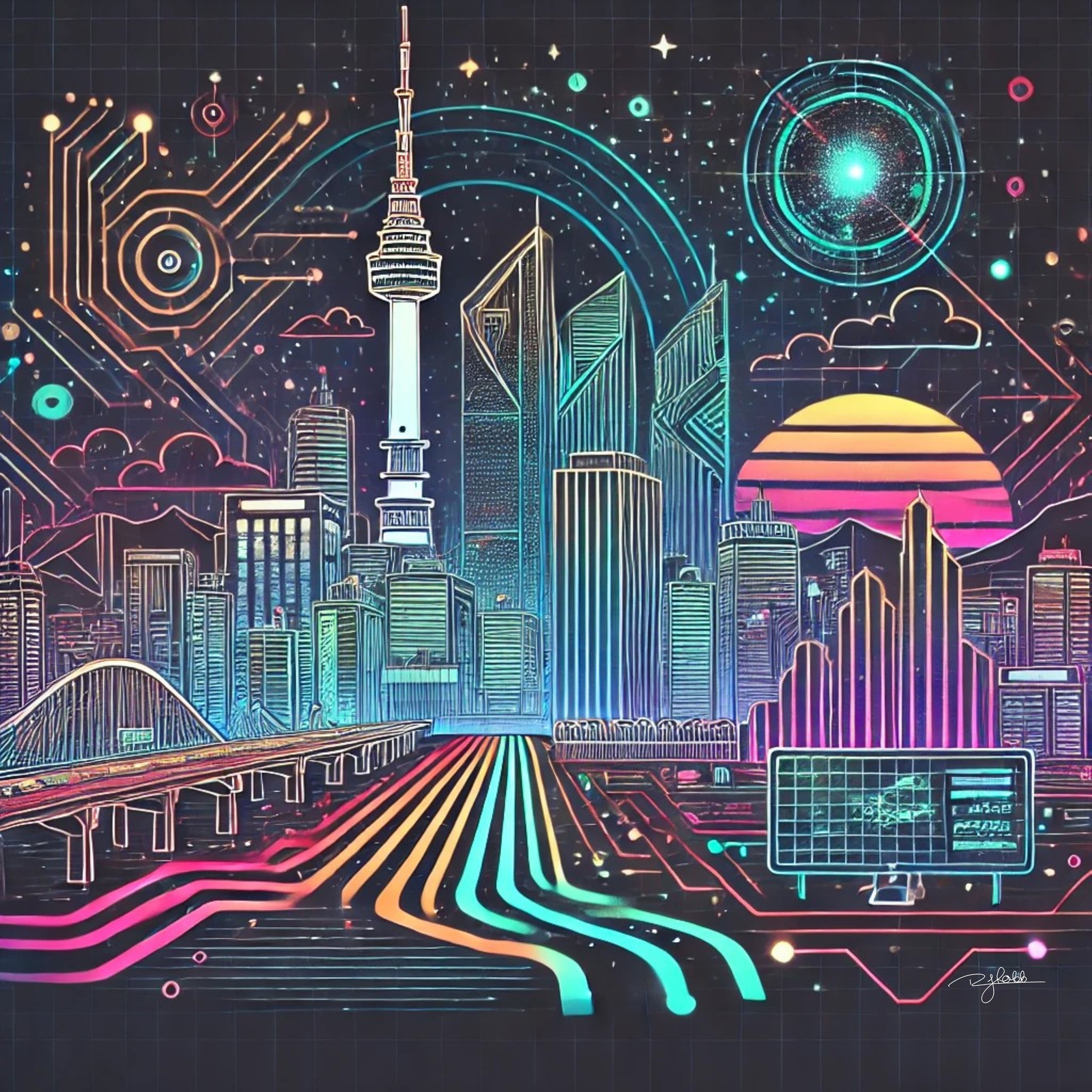 Title: Cyber Seoul
Description: Seoul pulses like the core of a cybernetic organism, its skyline electrified with a network of vibrant neon veins. The Han River glows with reflections of luminous towers, each structure an extension of